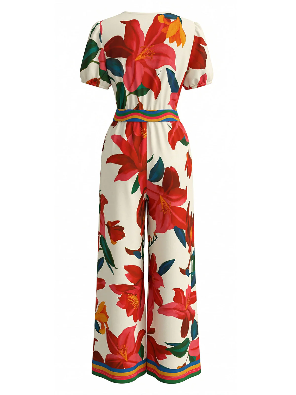 Rot 1980er Blumen Kurzarm Weites Bein Gürtel Jumpsuit - Image 3