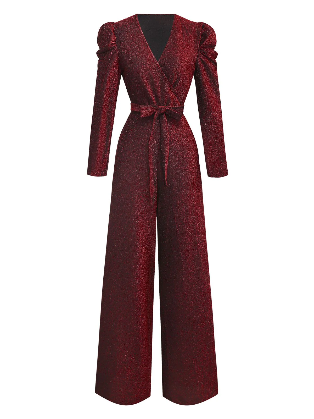 Rot 1980er Funkeln Tief-V Langarm Jumpsuit - Image 2