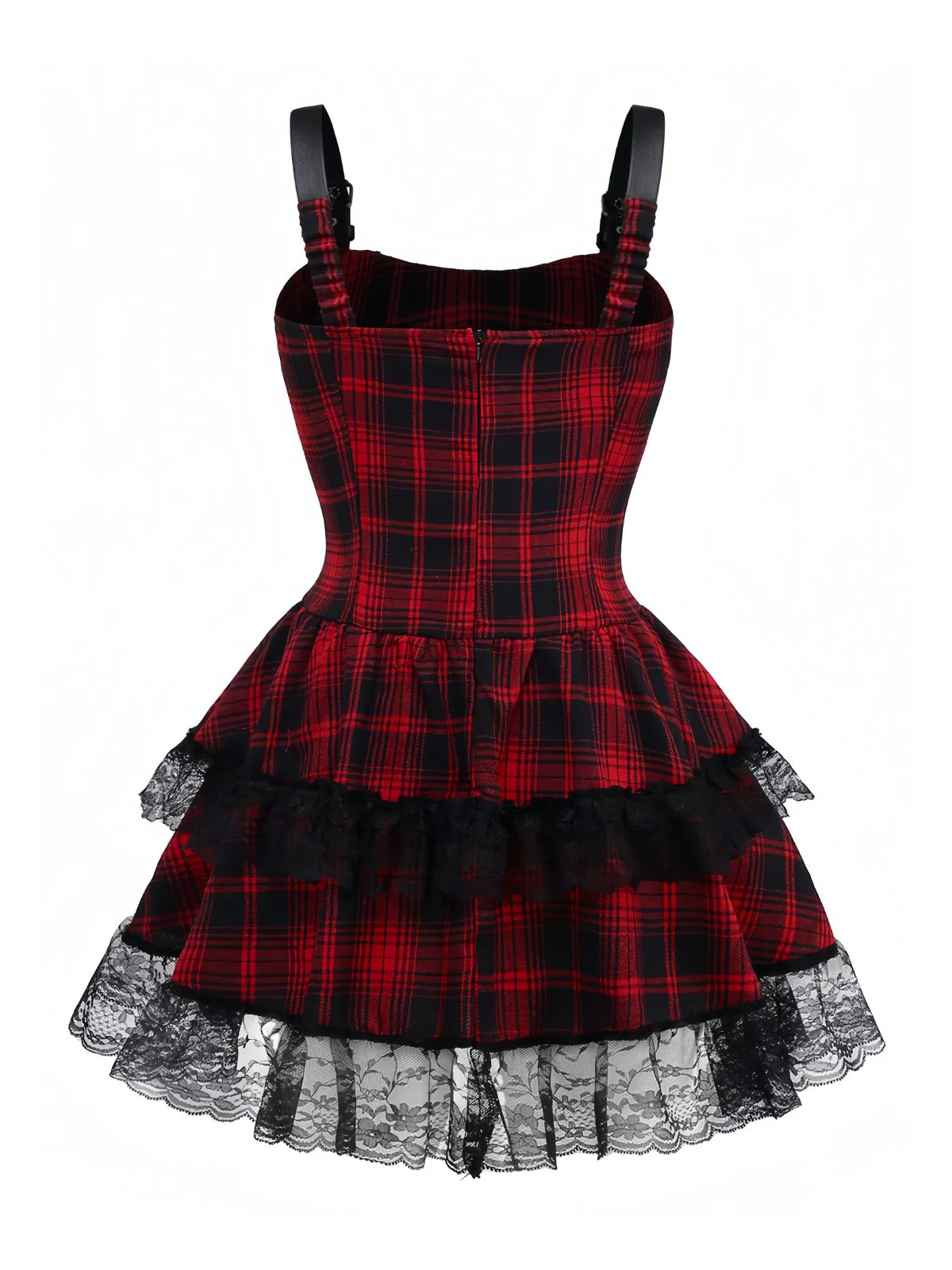Rot 1980er Gothic Spitze Patchwork Plaid Kleid - Image 2