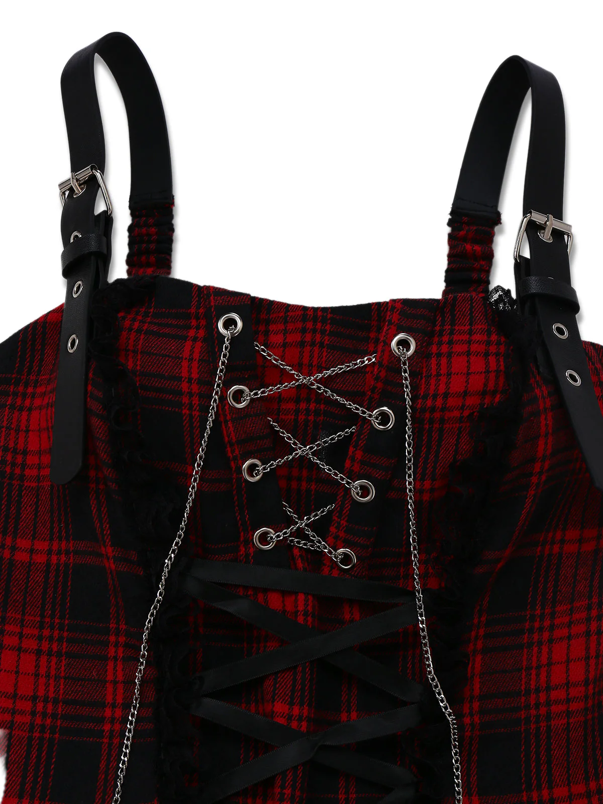 Rot 1980er Gothic Spitze Patchwork Plaid Kleid - Image 3