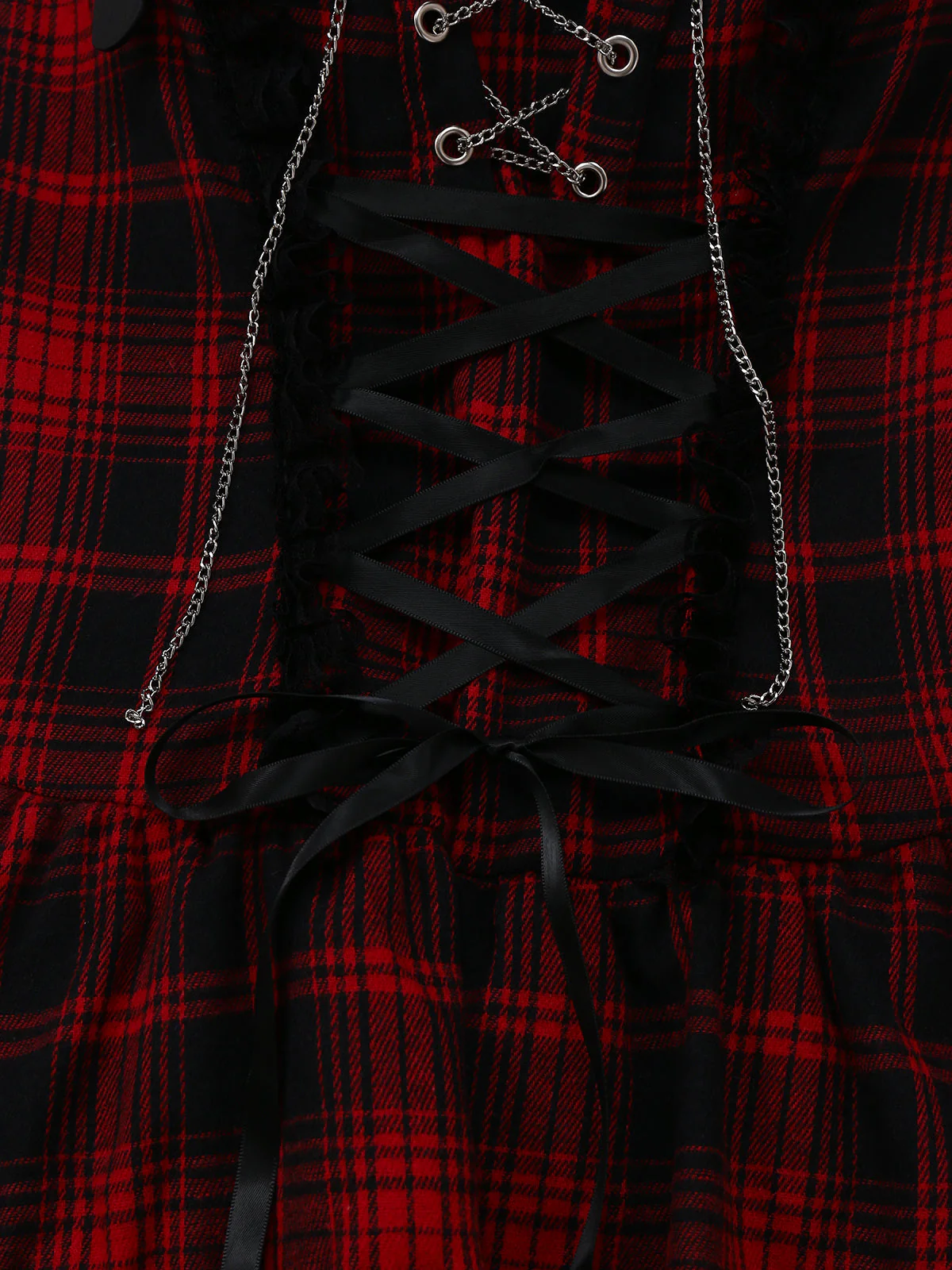 Rot 1980er Gothic Spitze Patchwork Plaid Kleid - Image 4