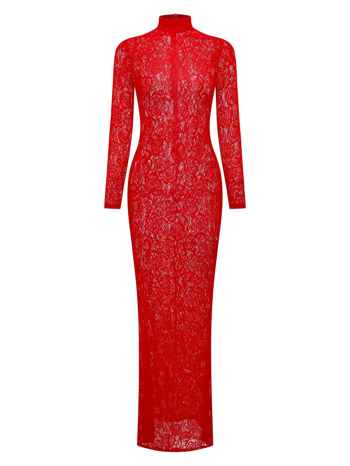 Rot 1980er Hochkragen Sheer Spitze Bodycon Maxi Kleid - Image 2