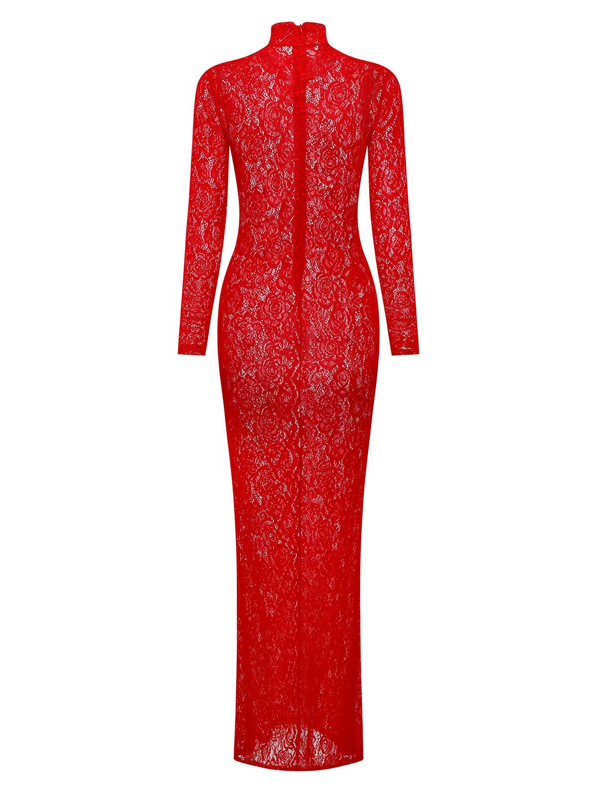 Rot 1980er Hochkragen Sheer Spitze Bodycon Maxi Kleid - Image 3