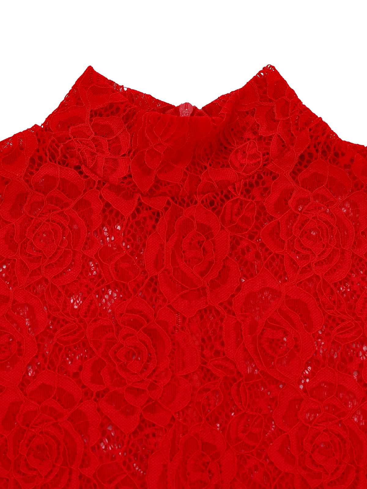 Rot 1980er Hochkragen Sheer Spitze Bodycon Maxi Kleid - Image 4