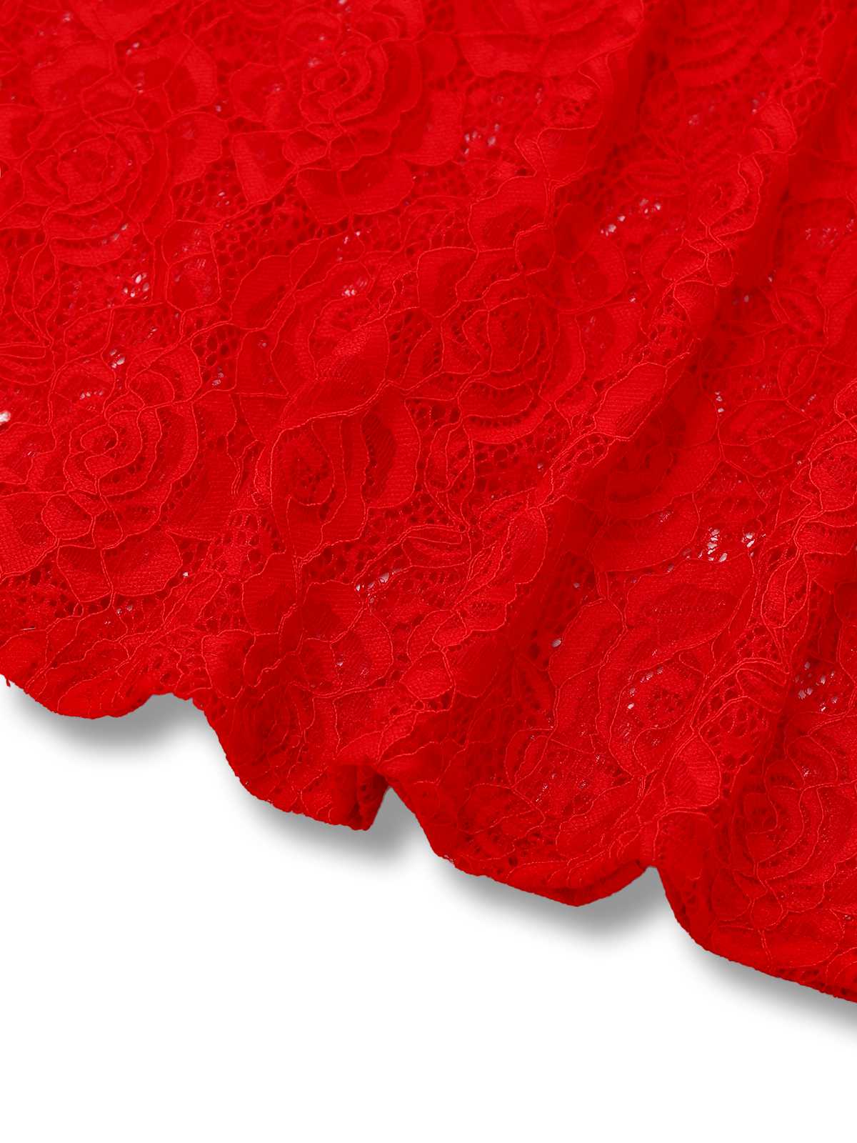 Rot 1980er Hochkragen Sheer Spitze Bodycon Maxi Kleid - Image 7
