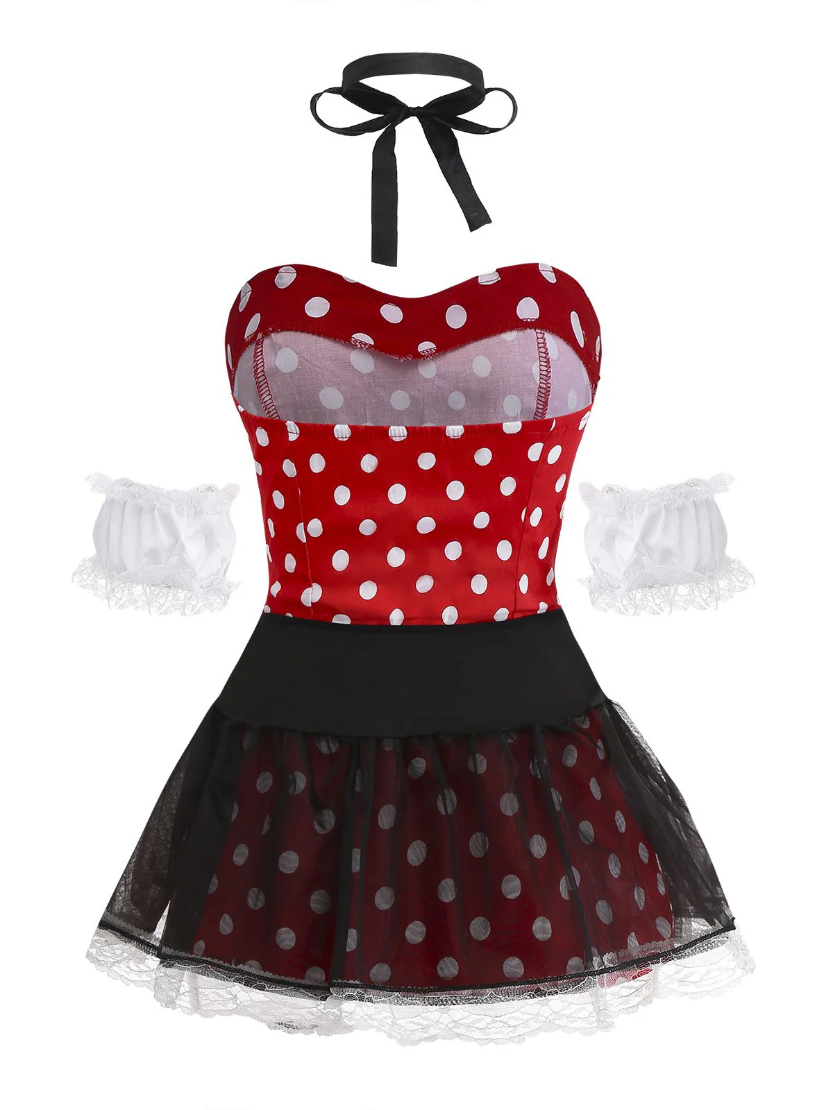 Rot 1980er Polka Dot Kleid & Netz Rock Set - Image 2