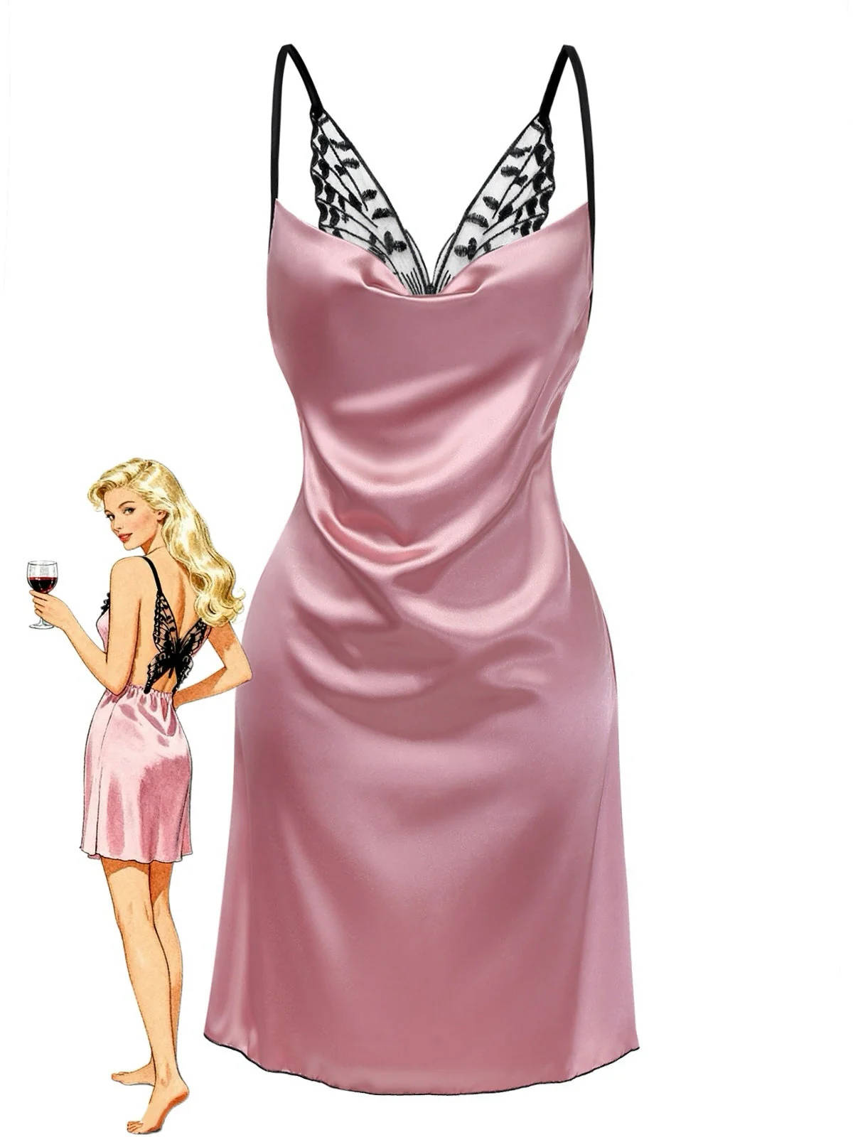Rot 1980er Satin Slip Schmetterling Spitze Nachthemd - Image 3