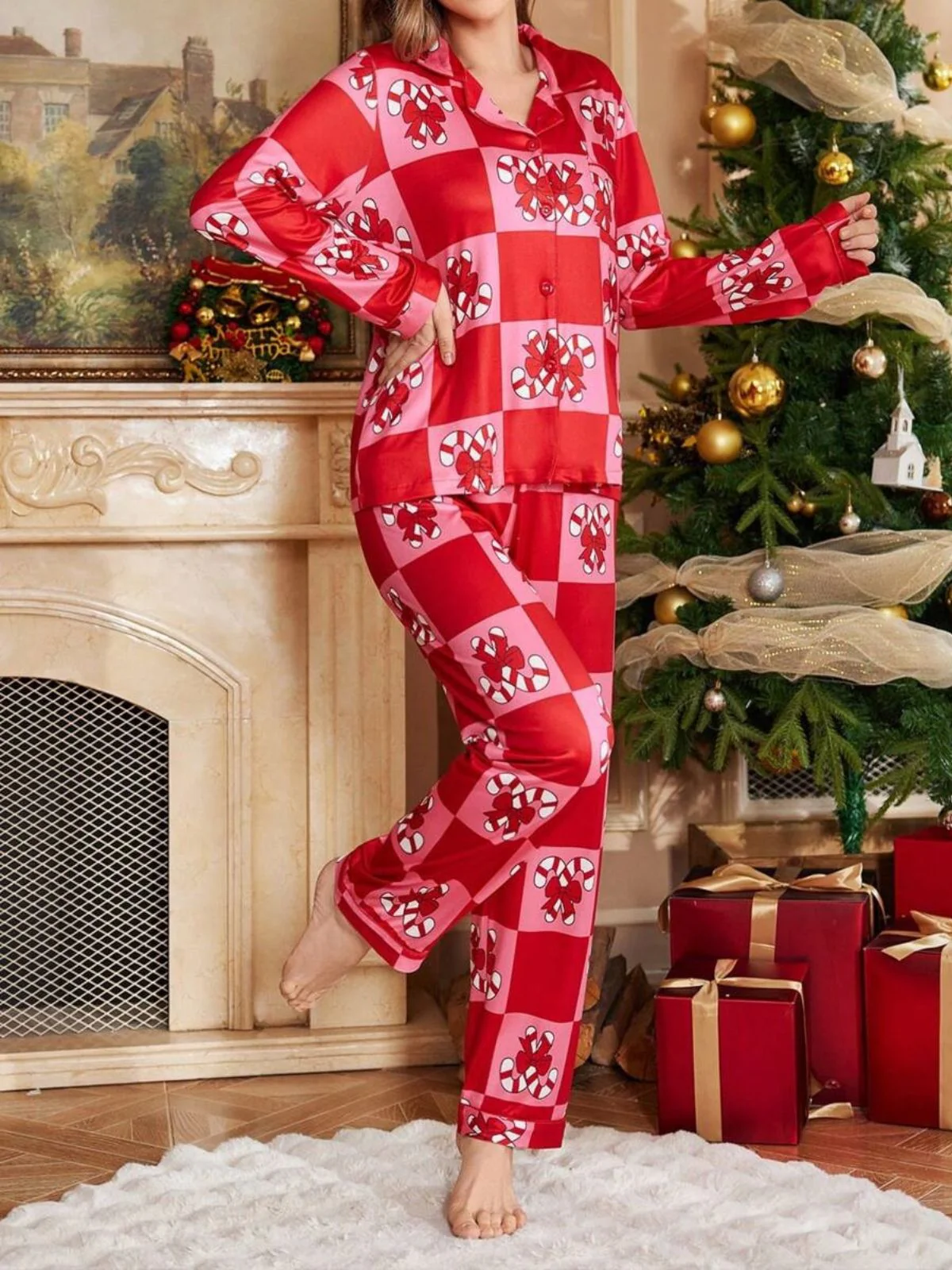 Rot 1980er Weihnachten Schachbrett Zuckerstange Pyjama Set - Image 2