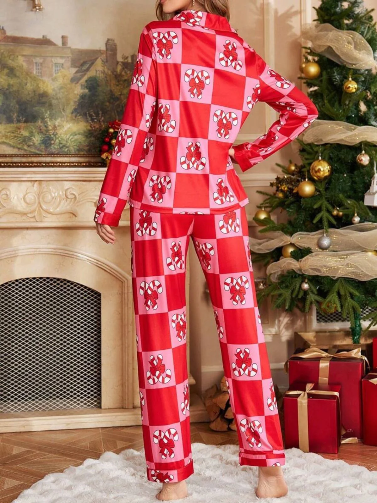 Rot 1980er Weihnachten Schachbrett Zuckerstange Pyjama Set - Image 3