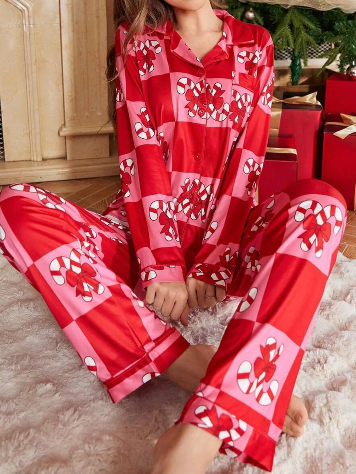 Rot 1980er Weihnachten Schachbrett Zuckerstange Pyjama Set - Image 4