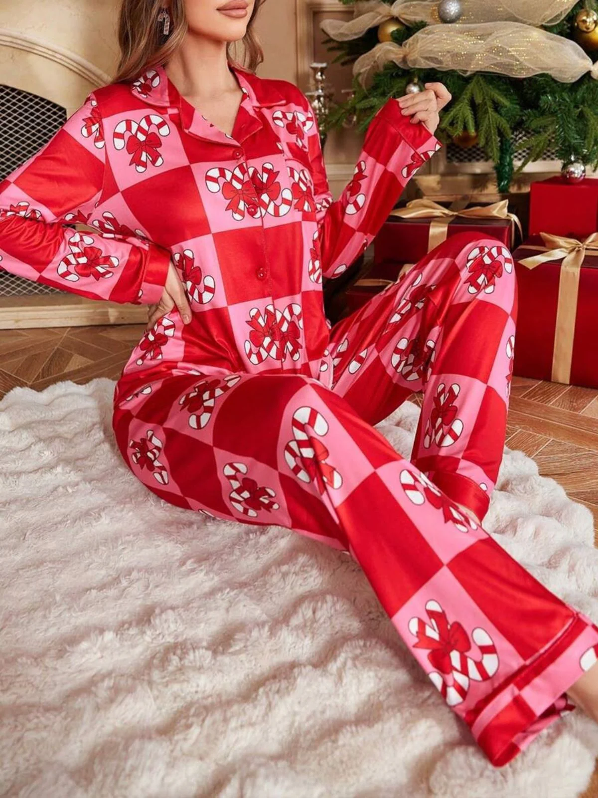 Rot 1980er Weihnachten Schachbrett Zuckerstange Pyjama Set - Image 5