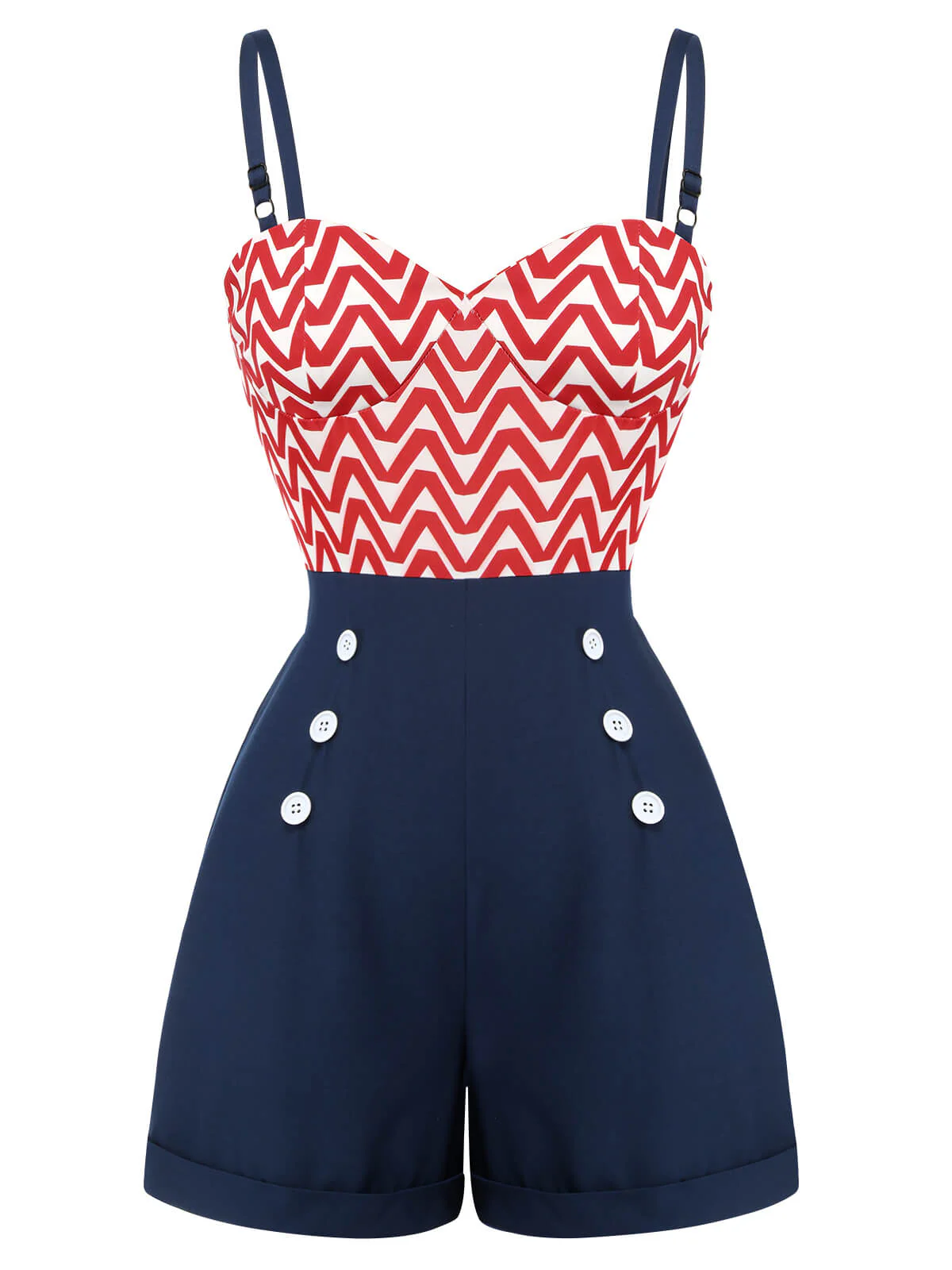 Rot & Blau 1950er Chevron Streifen Gurt Romper - Image 3
