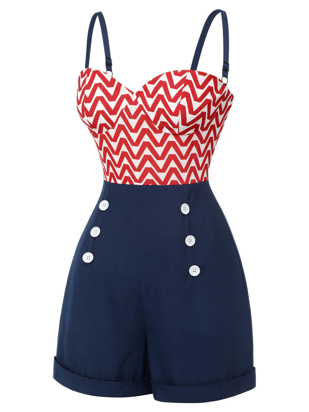 Rot & Blau 1950er Chevron Streifen Gurt Romper - Image 4