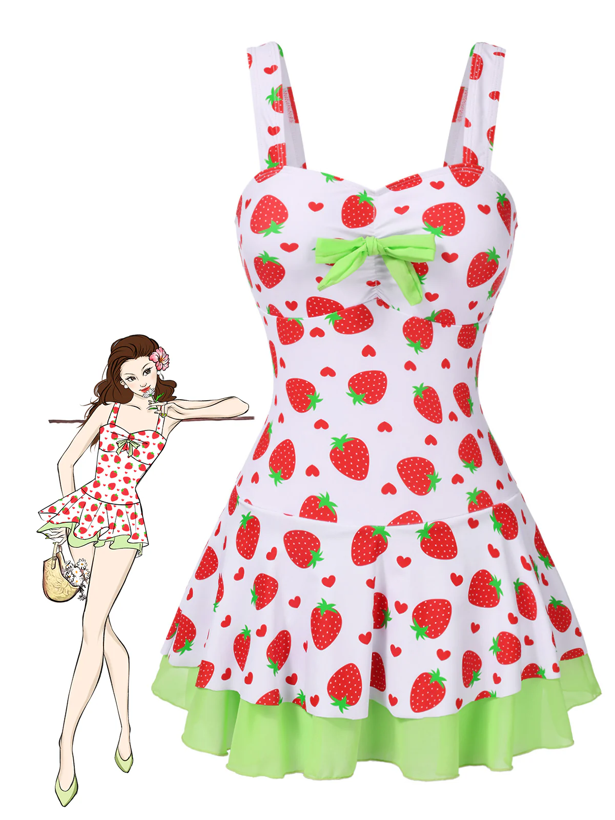 Rot & Grün 1940er Erdbeere Bogen Swim Kleid
