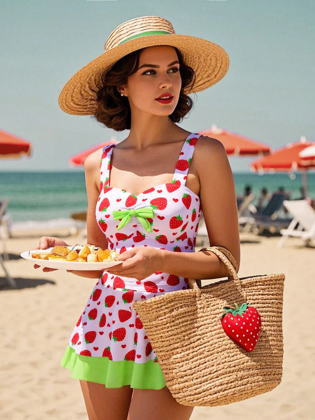 Rot & Grün 1940er Erdbeere Bogen Swim Kleid - Image 2