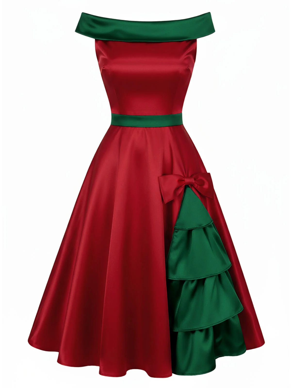 Rot & Grün 1950er Weihnachten Baum Schulterfrei Kleid - Image 2
