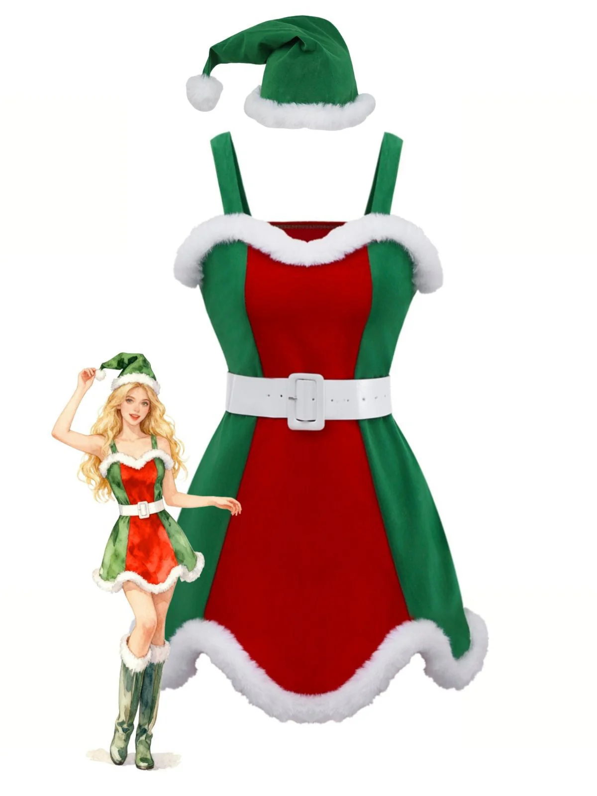 Rot & Grün 1960er Weihnachten Plüsch Trim Kleid Set