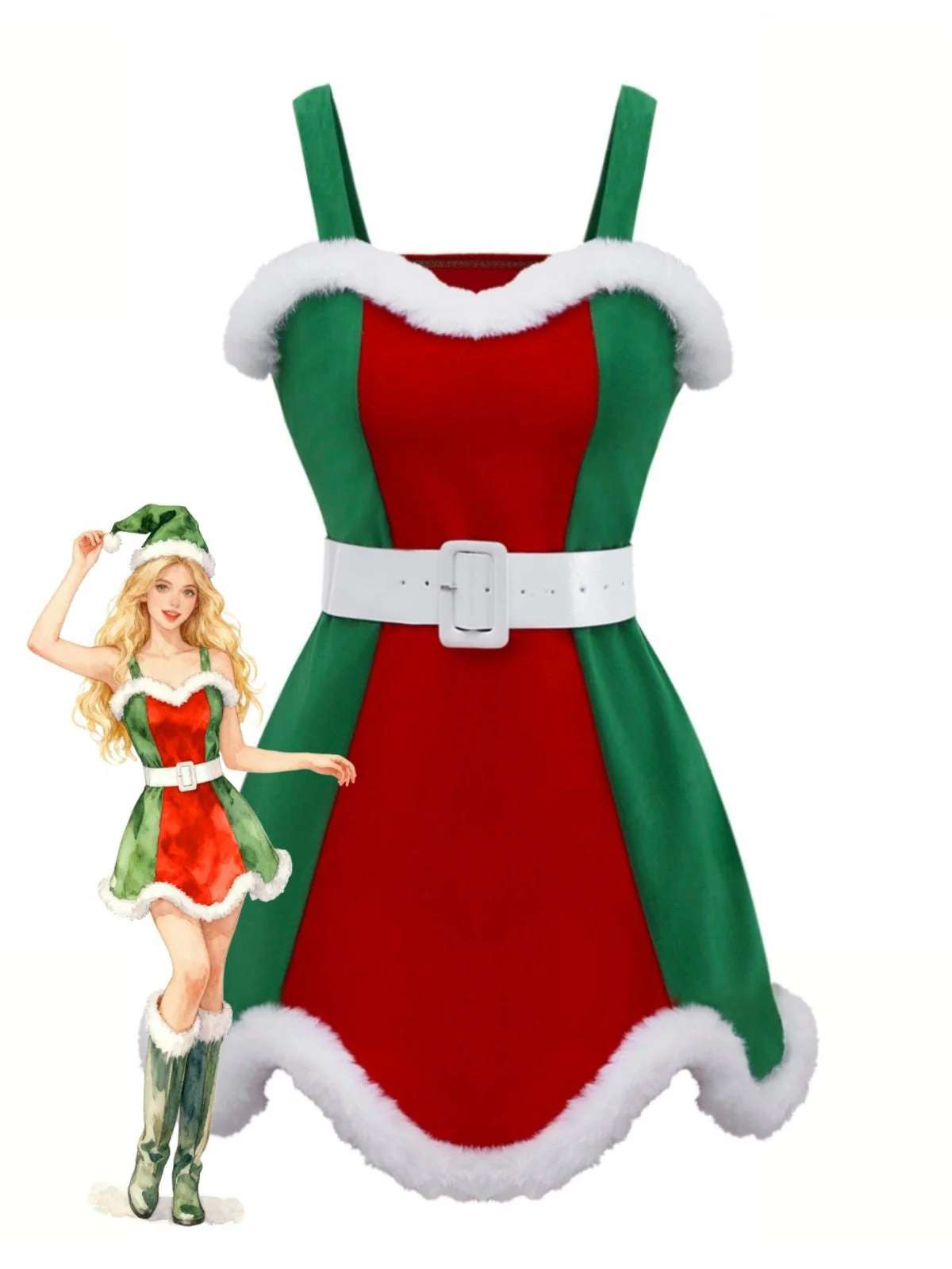 Rot & Grün 1960er Weihnachten Plüsch Trim Kleid Set - Image 2