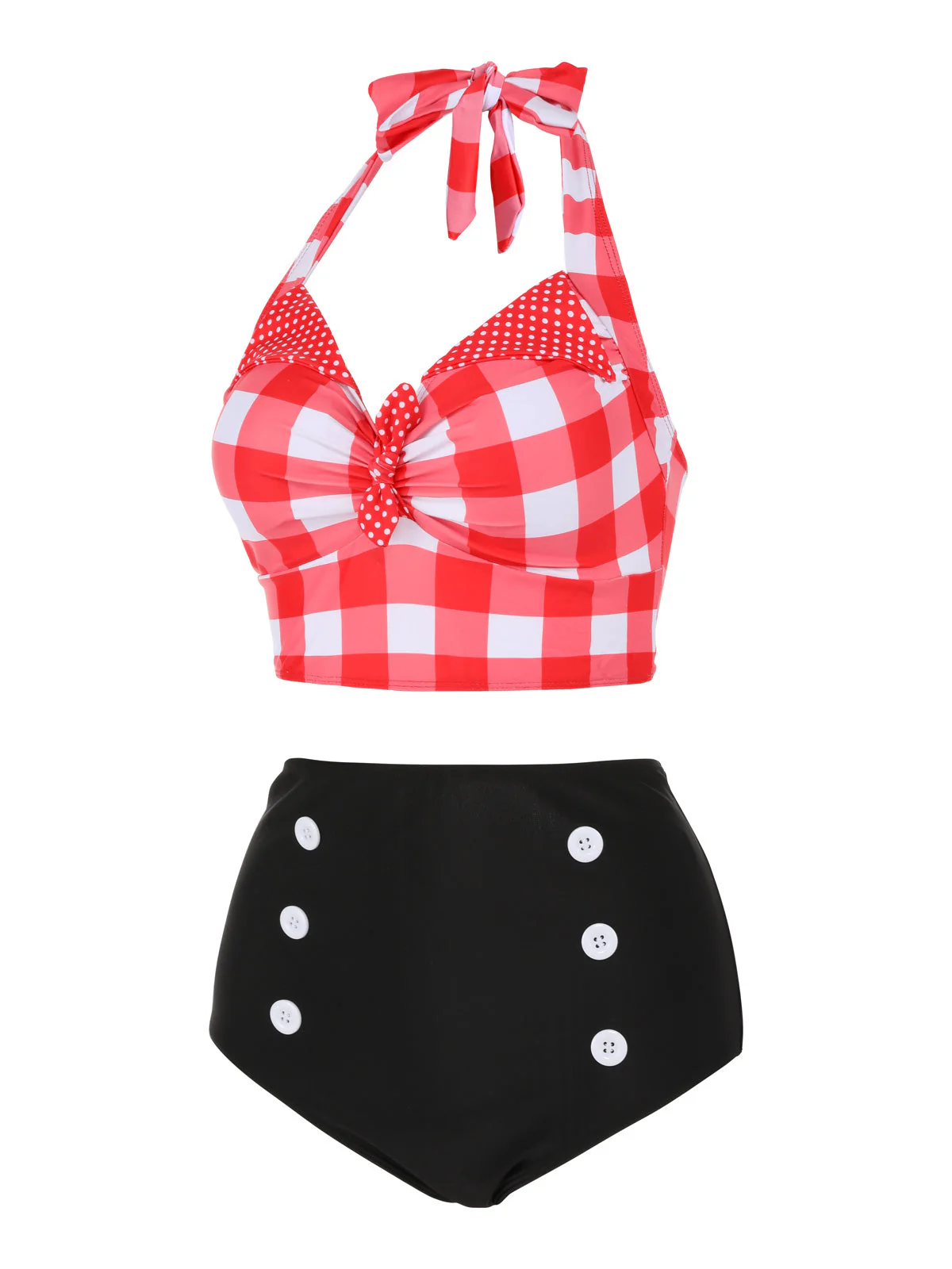 Rot 1950er Kariert Neckholder Bikini Set - Image 3