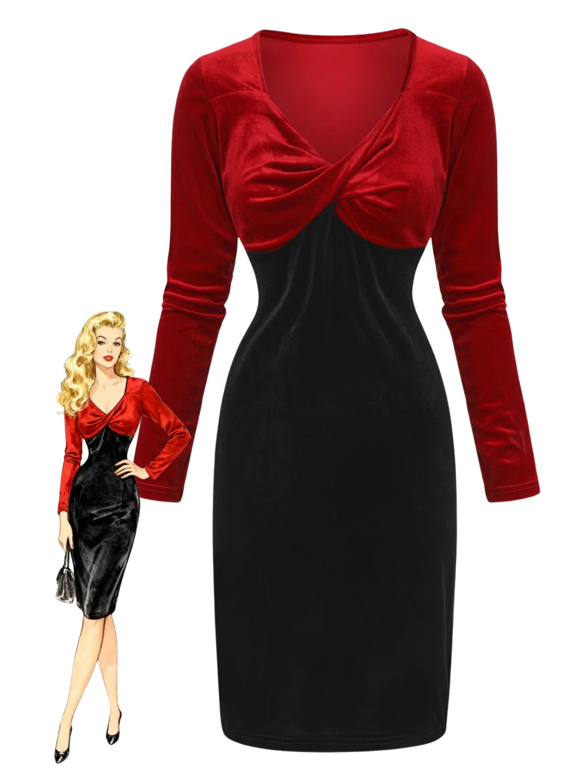 Rot & Schwarz 1960er Samt Gedrehtes V-Ausschnitt Enges Kleid
