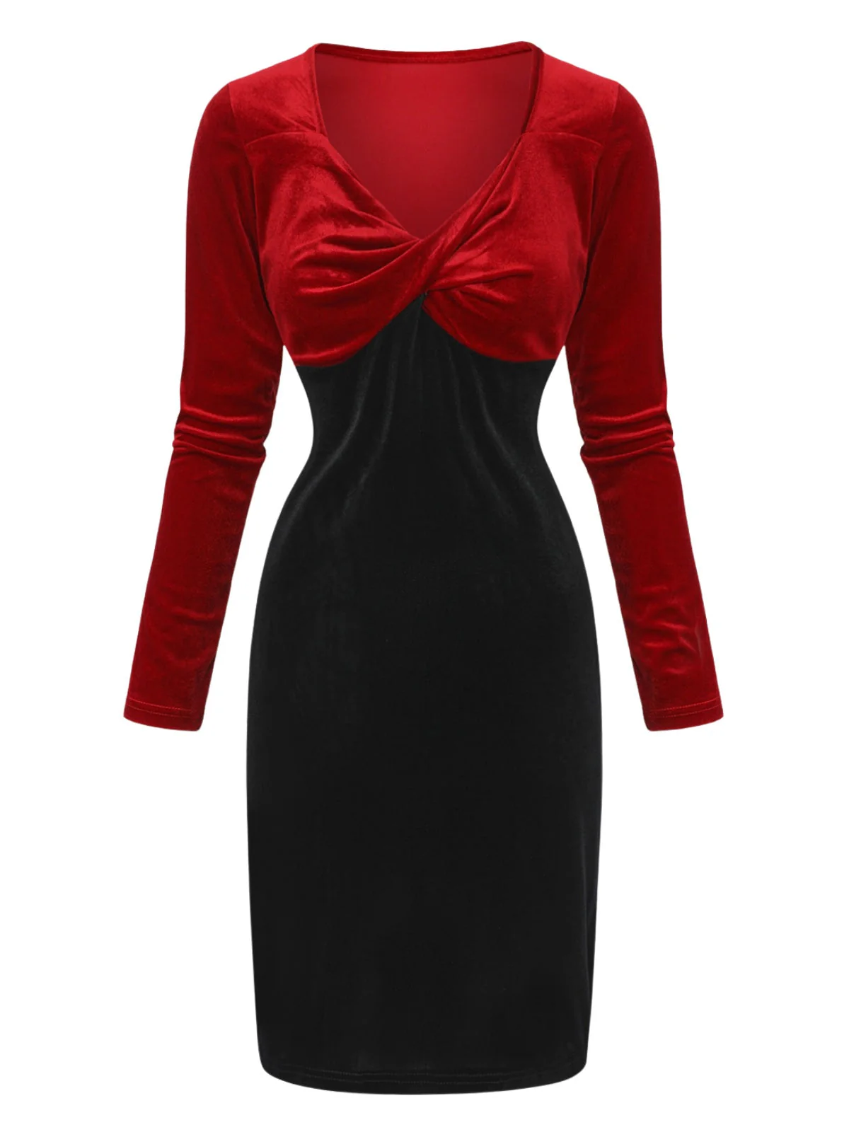 Rot & Schwarz 1960er Samt Gedrehtes V-Ausschnitt Enges Kleid - Image 2