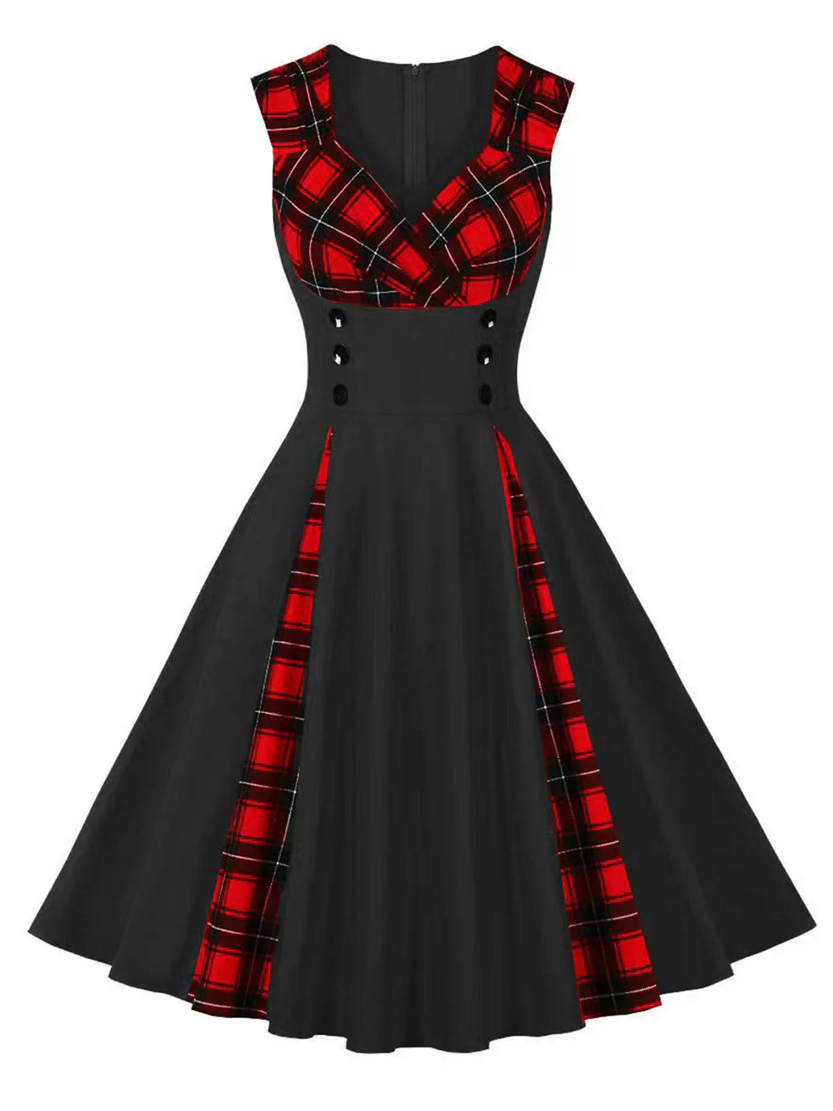 Rot & Schwarz 1950er Kariertes V-Ausschnitt Kleid - Image 2