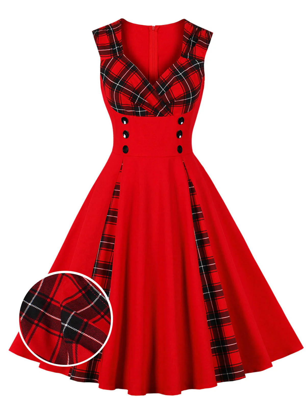 Rot & Schwarz 1950er Kariertes V-Ausschnitt Kleid - Image 6