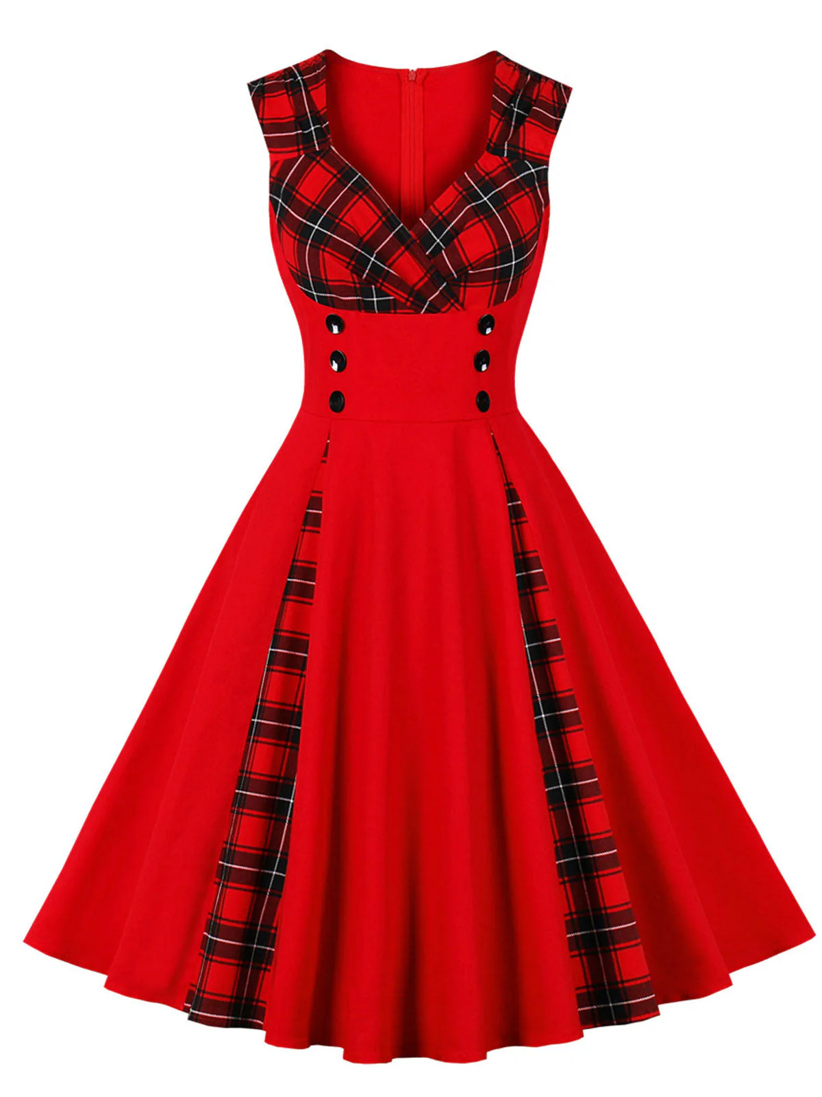 Rot & Schwarz 1950er Kariertes V-Ausschnitt Kleid - Image 7