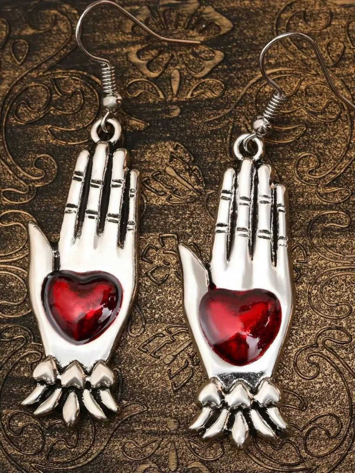 Rot & Silber Vintage Gothic Herz Handschuh Ohrringe - Image 4