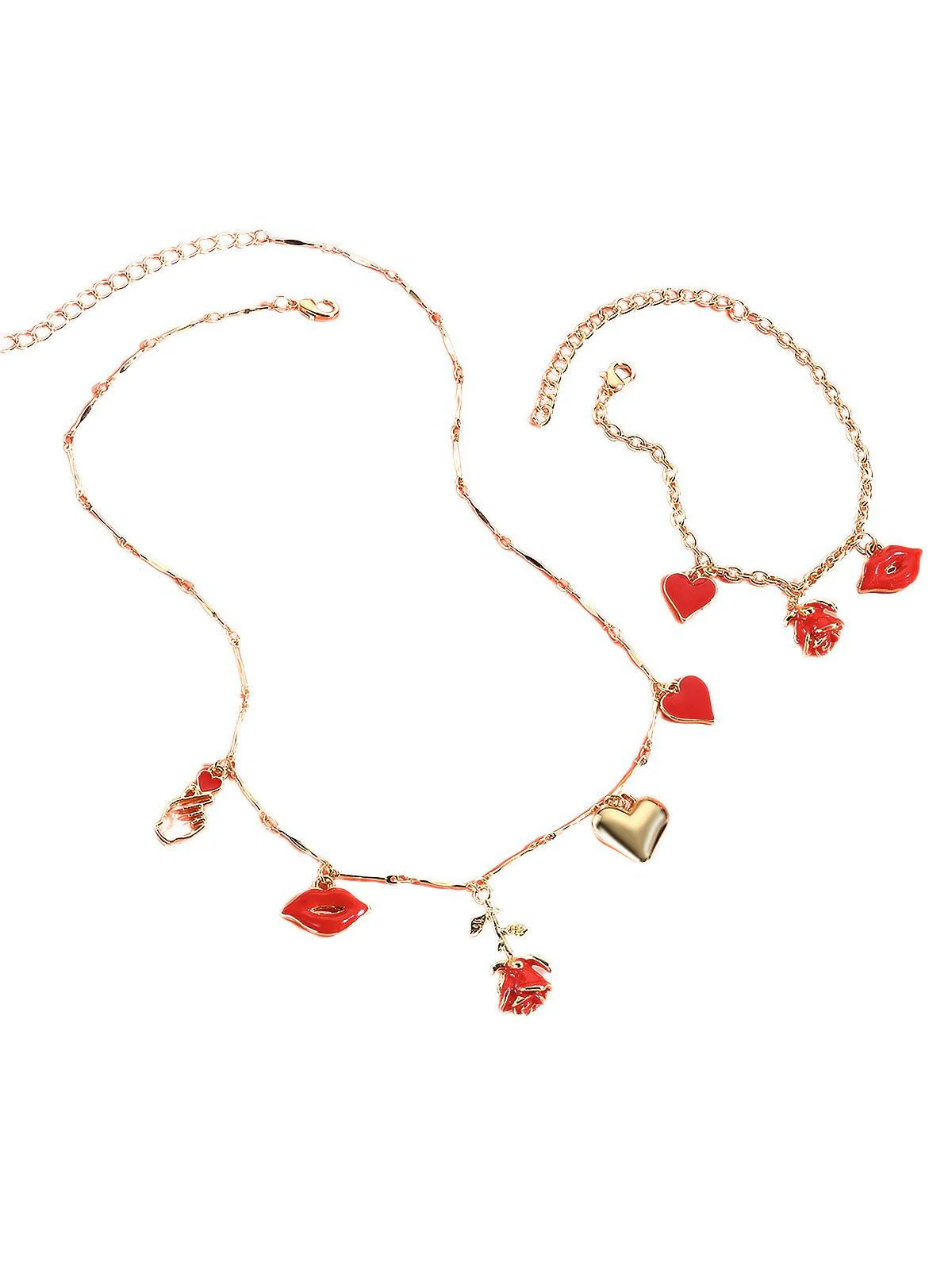 Rot Valentinstag Rose Herz Lippen Halskette & Armband Set - Image 2