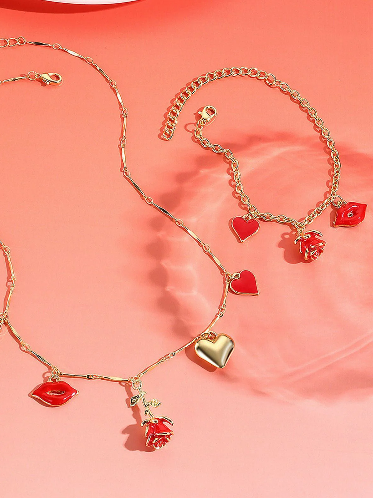 Rot Valentinstag Rose Herz Lippen Halskette & Armband Set - Image 3
