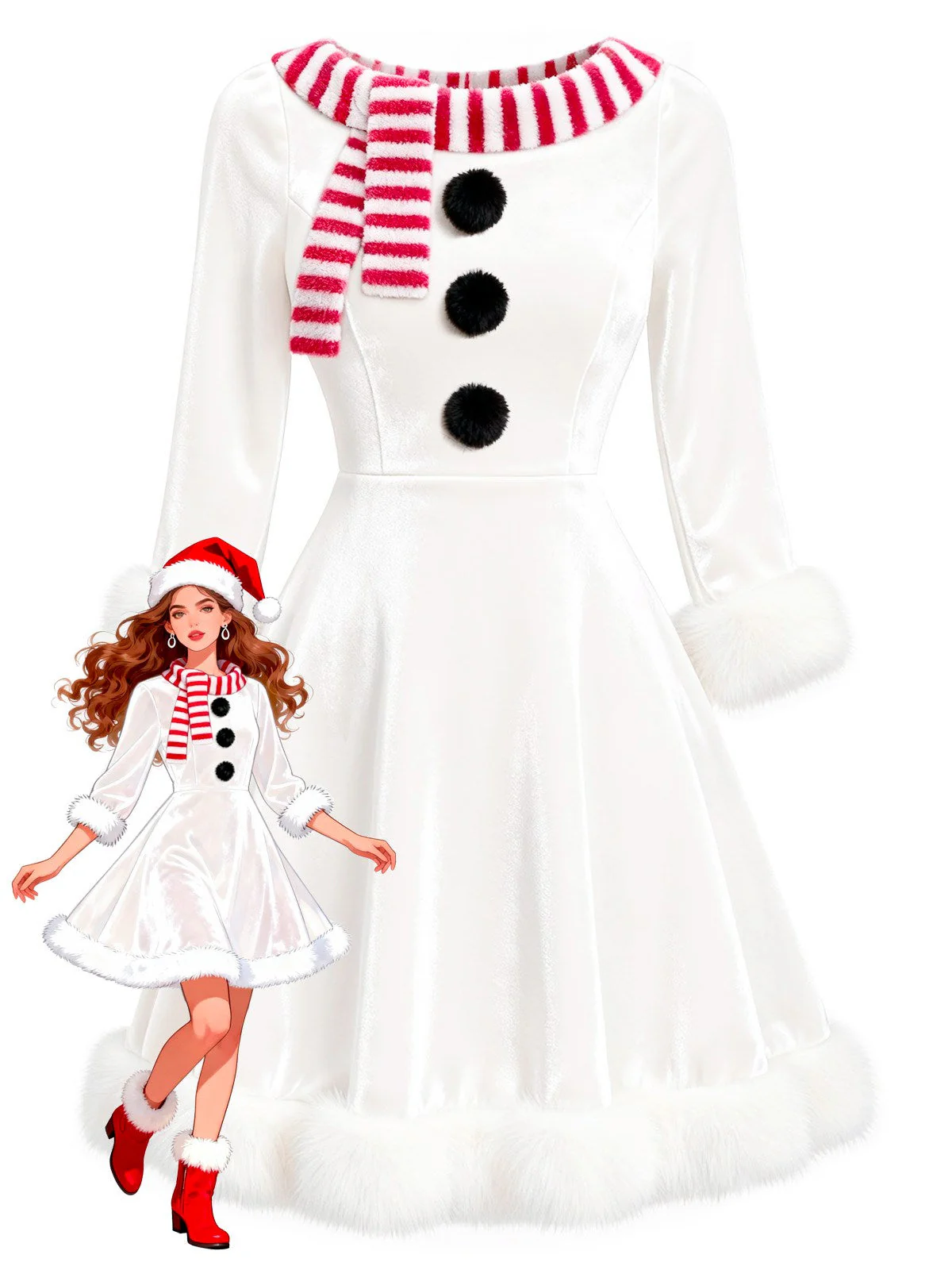 Rot & Weiß 1950er Weihnachten Schneemann Samt Kleid