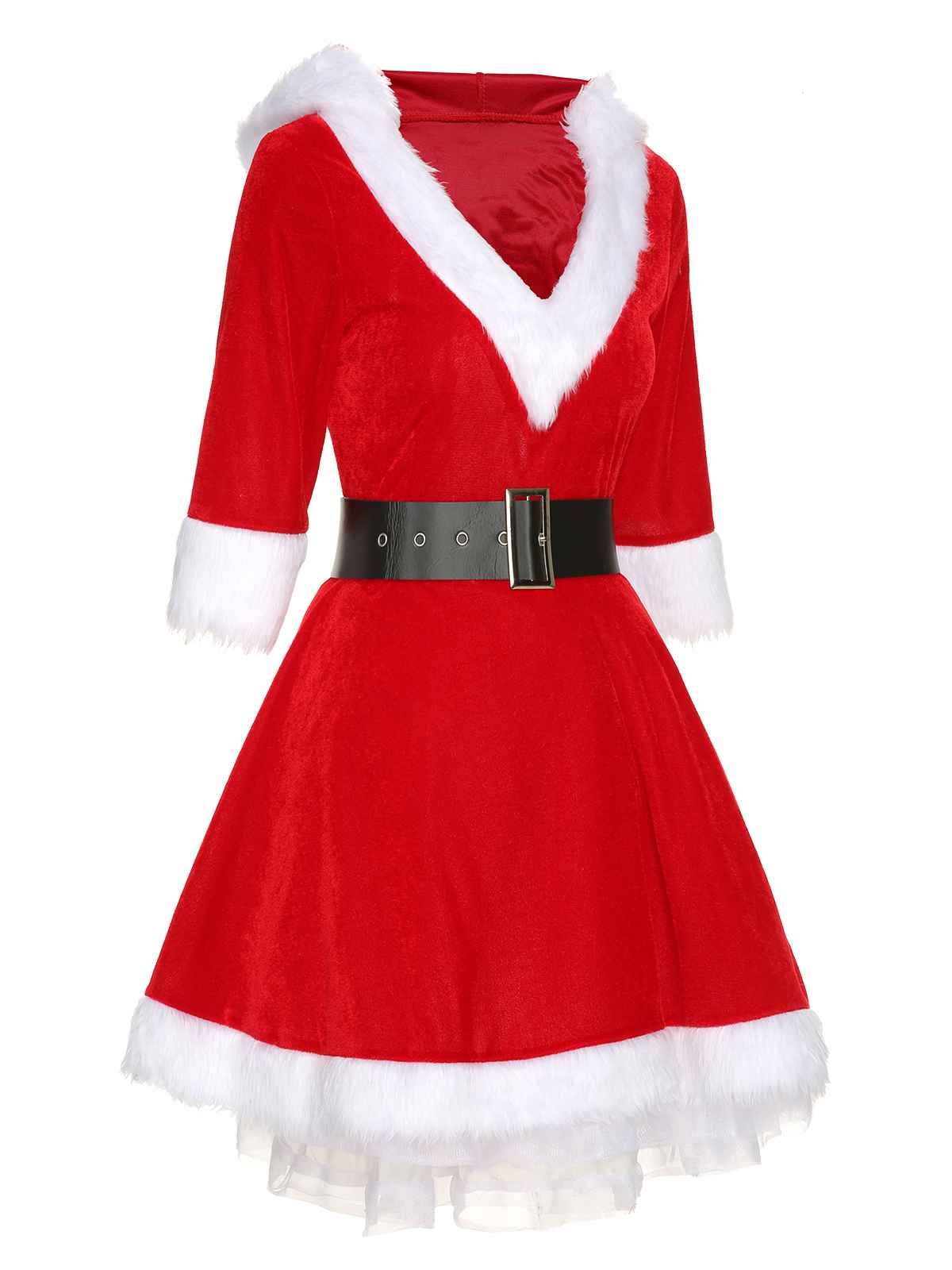 Rot Weihnachten Kapuze Santa Claus Roher Saum Gürtel Kleid - Image 3