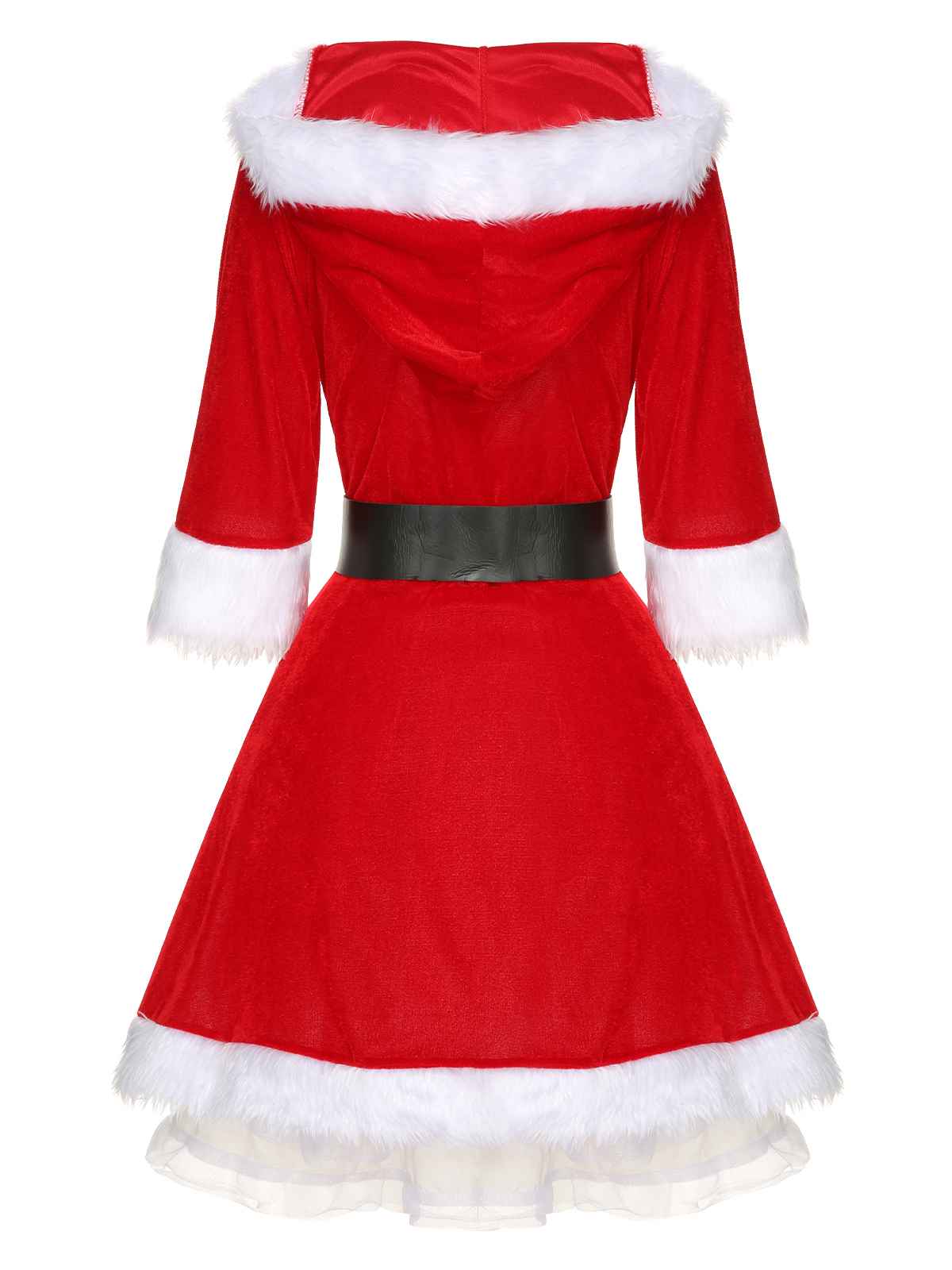 Rot Weihnachten Kapuze Santa Claus Roher Saum Gürtel Kleid - Image 4