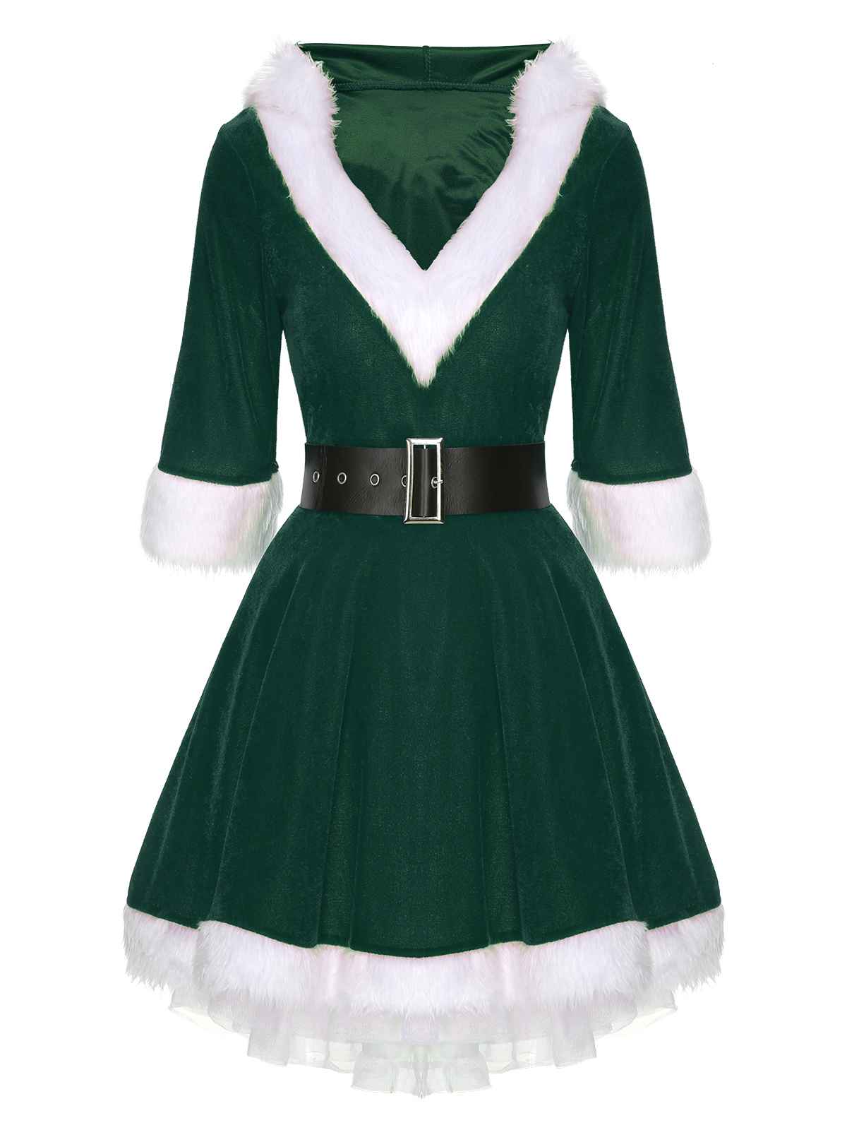Rot Weihnachten Kapuze Santa Claus Roher Saum Gürtel Kleid - Image 8
