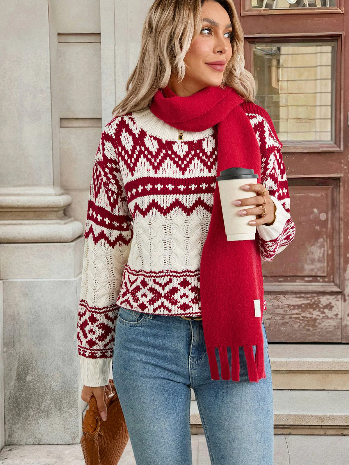 Rot & Weiß 1950er Weihnachten Fair Isle Stricken Pullover - Image 2