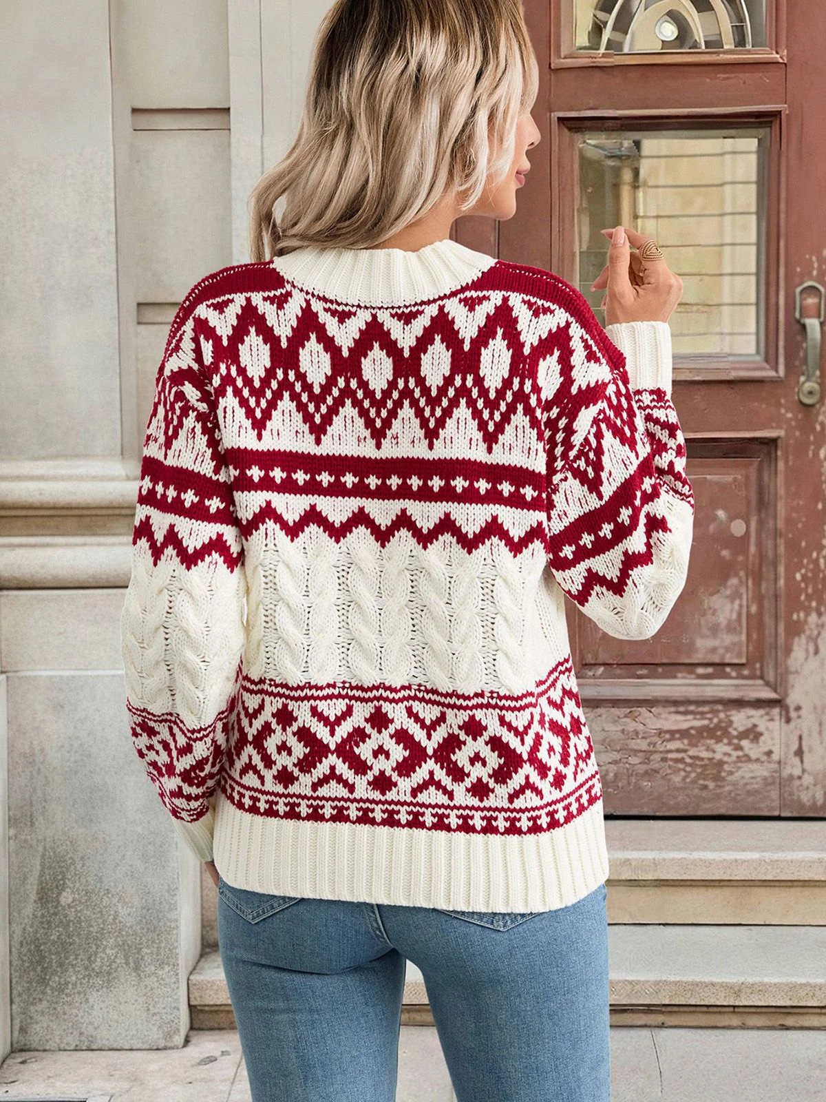 Rot & Weiß 1950er Weihnachten Fair Isle Stricken Pullover - Image 3