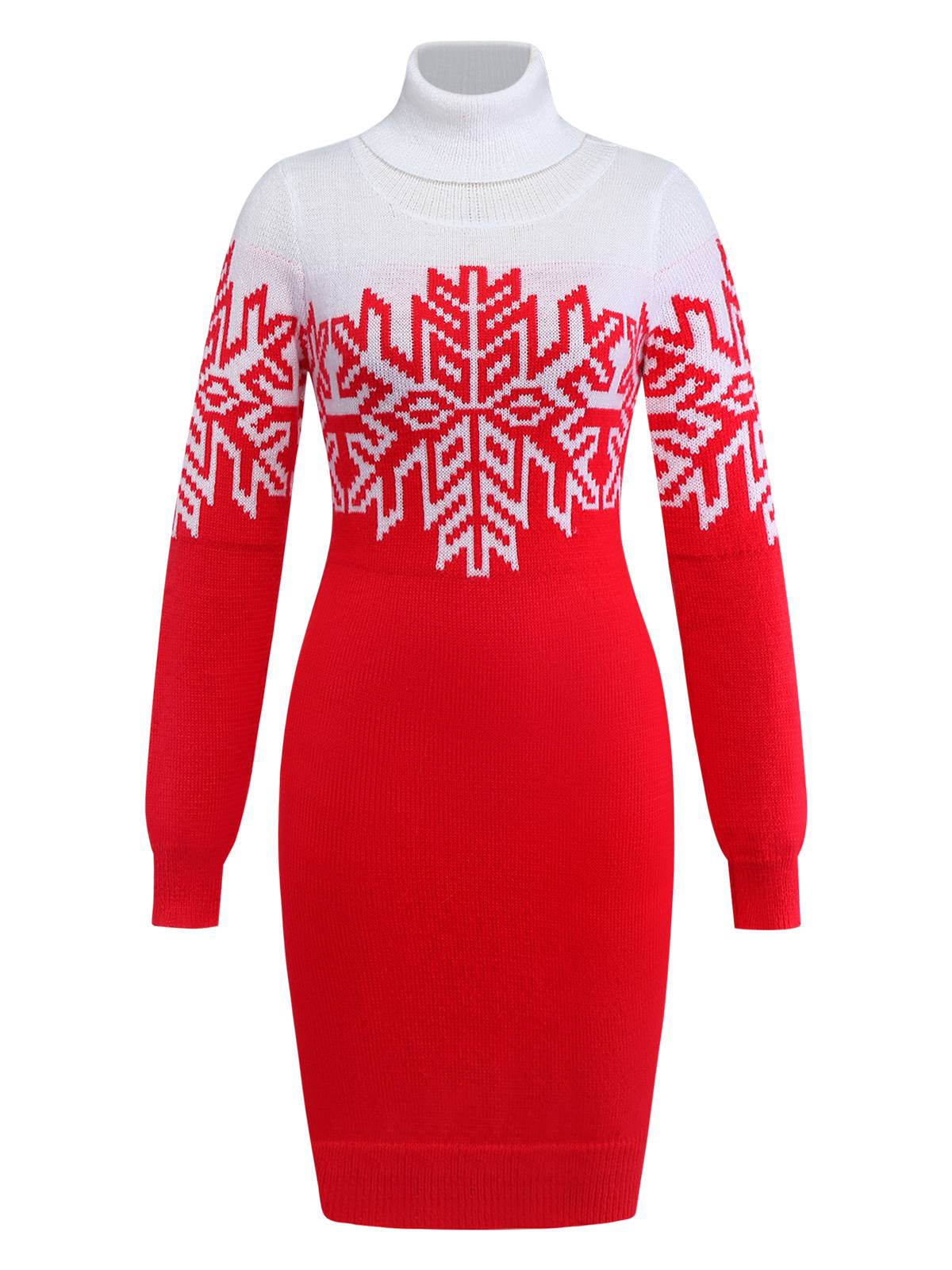 Rot & Weiß 1960er Schneeflocke Rollkragen Pullover Kleid - Image 2