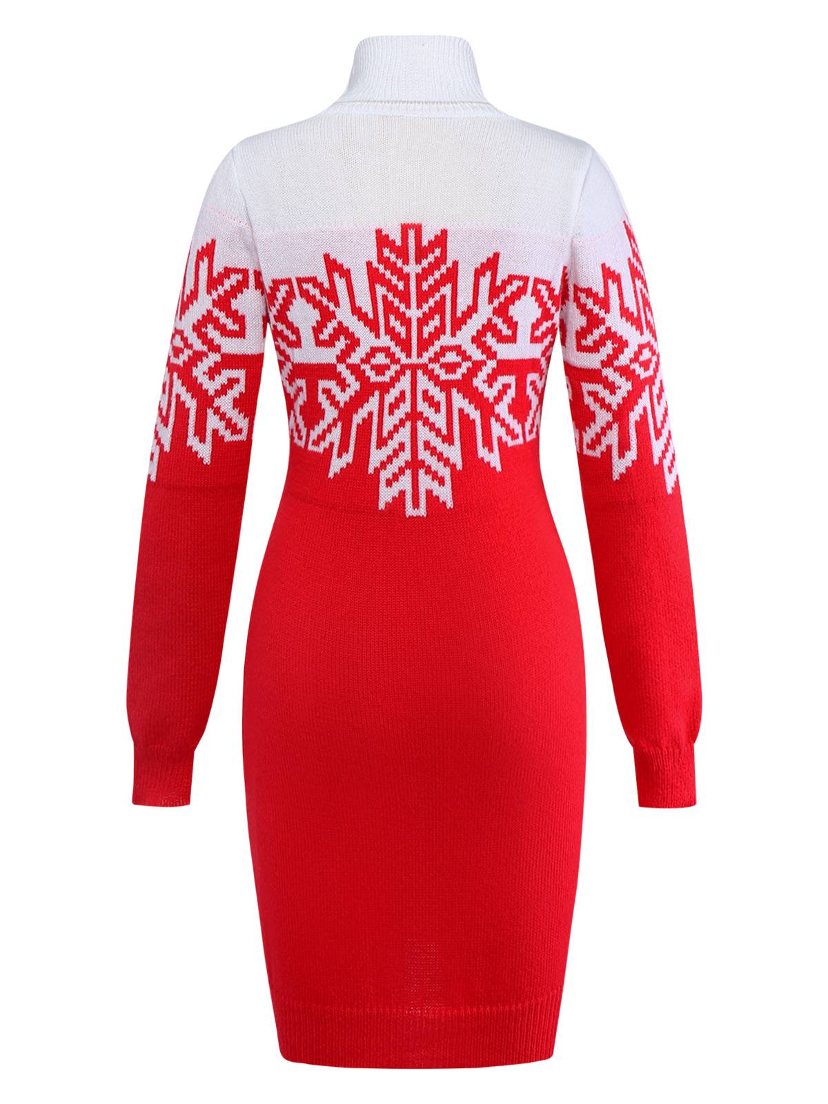 Rot & Weiß 1960er Schneeflocke Rollkragen Pullover Kleid - Image 3