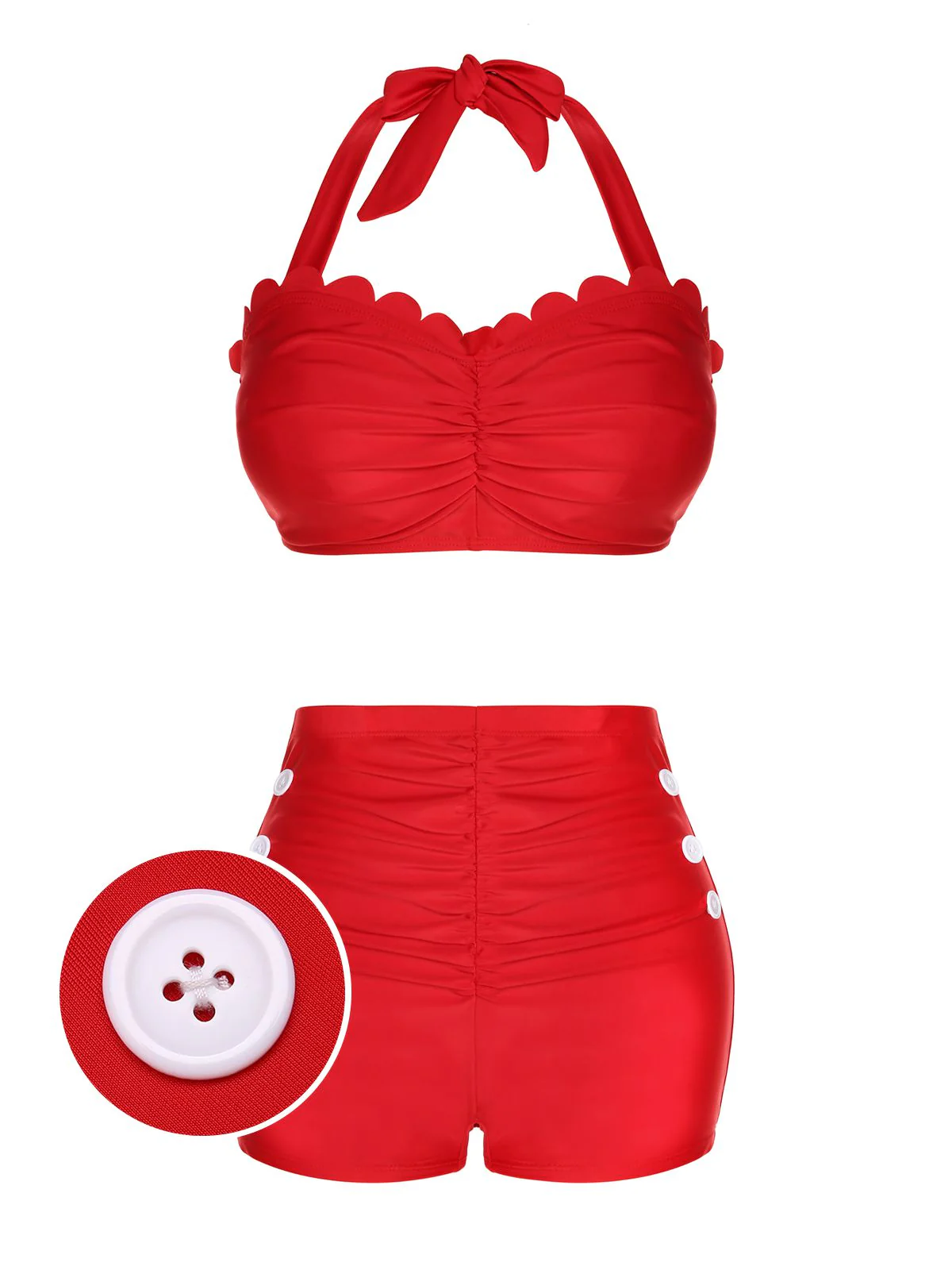Roter 1950er Knopf Rüschen Halter Badeanzug