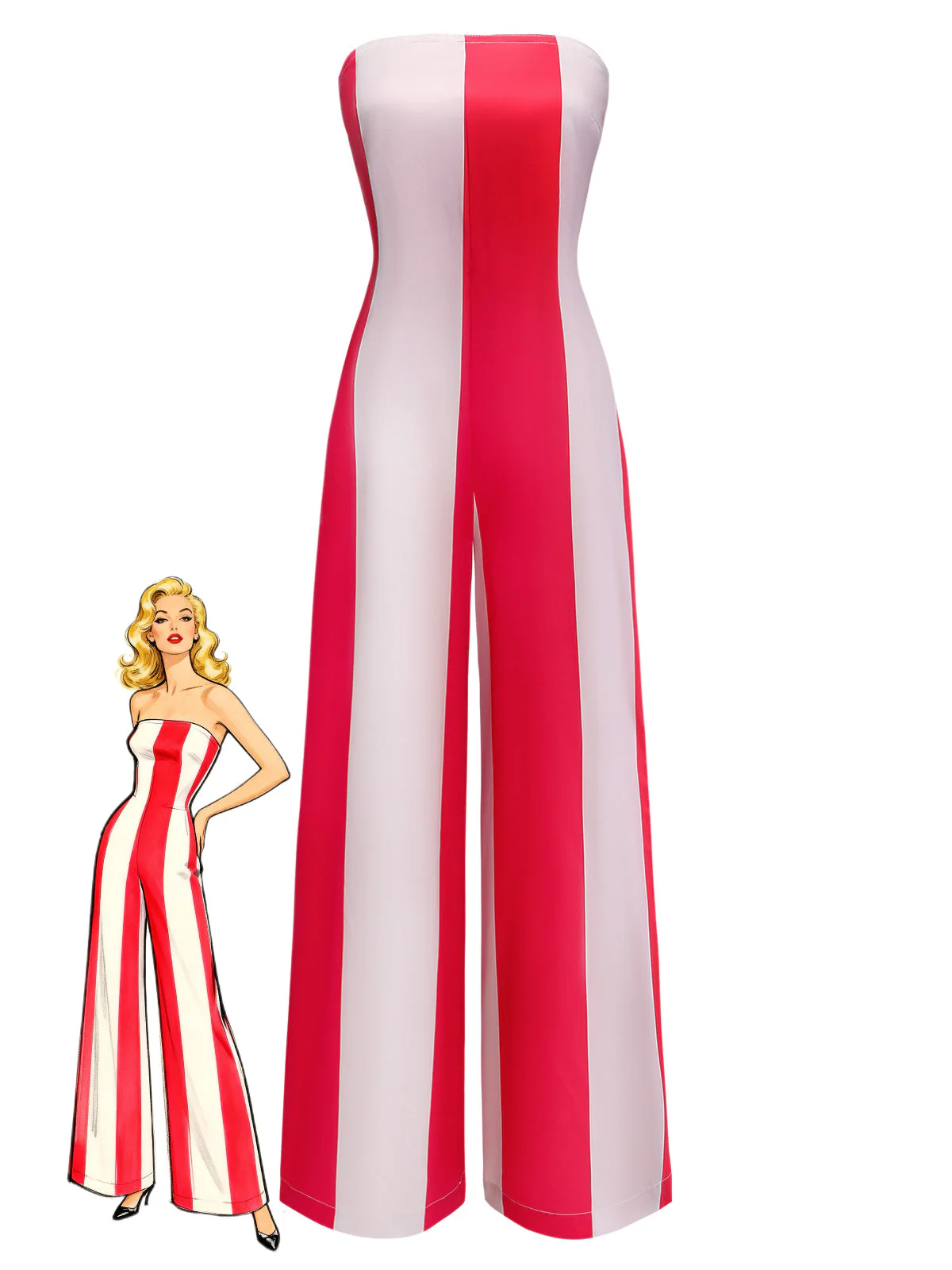 Roter 40er trägerloser Jumpsuit mit Streifen