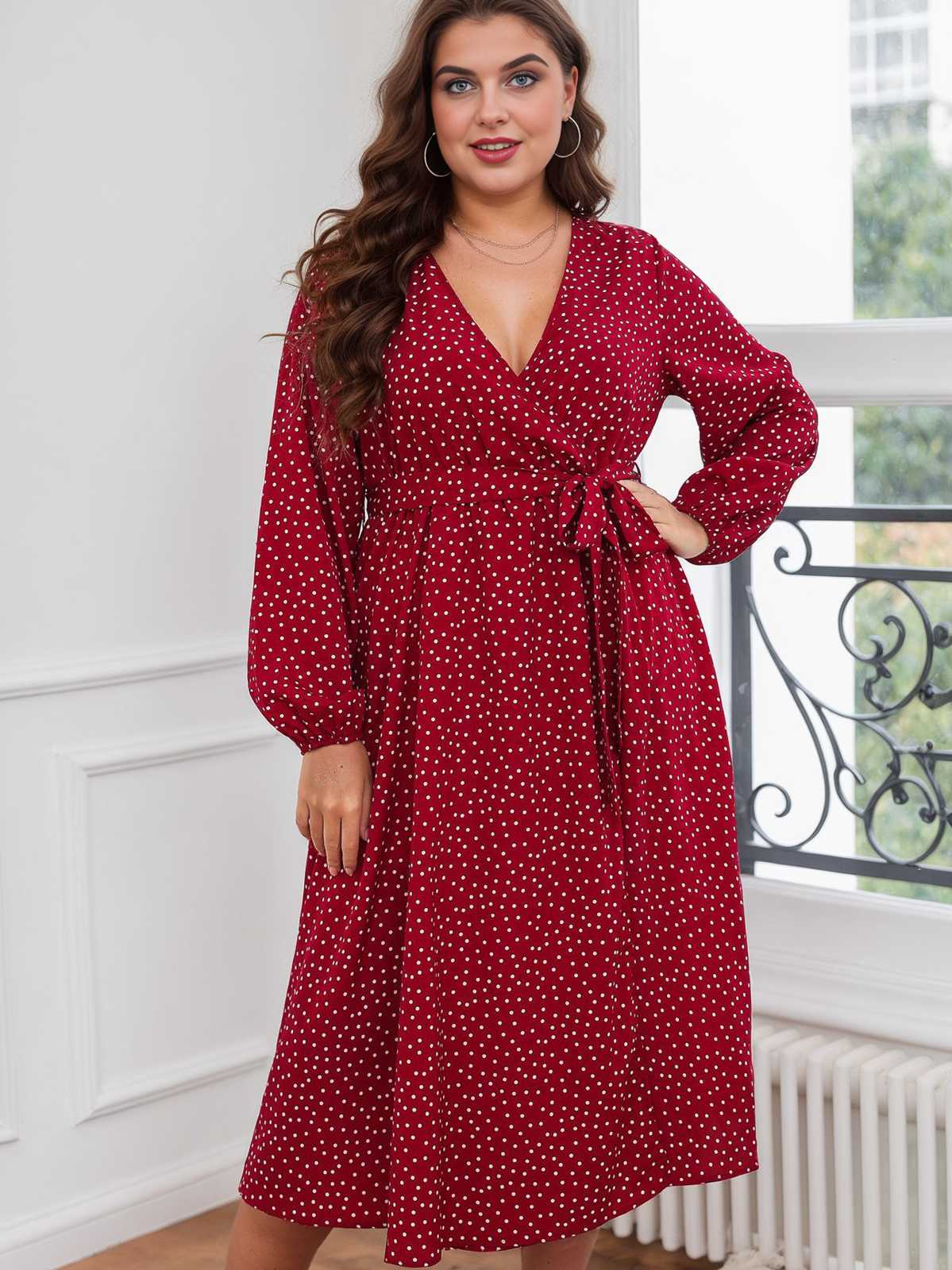 [Plus Size] Rotes 1940er V-Ausschnitt-Polka-Dot-Spitzenkleid - Image 3