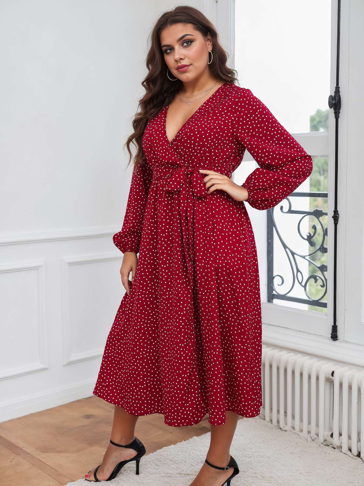 [Plus Size] Rotes 1940er V-Ausschnitt-Polka-Dot-Spitzenkleid - Image 4