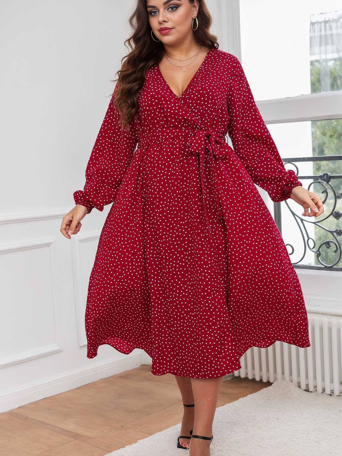 [Plus Size] Rotes 1940er V-Ausschnitt-Polka-Dot-Spitzenkleid - Image 5