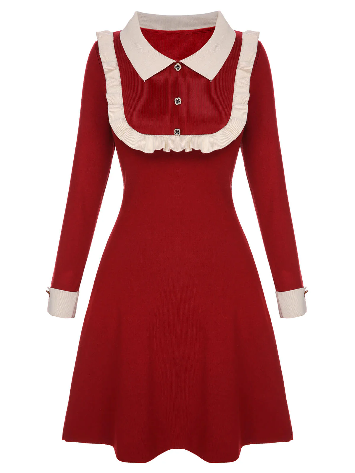 Rotes 1940er Weihnachten Rüschen Farbe Block Strickkleid - Image 2