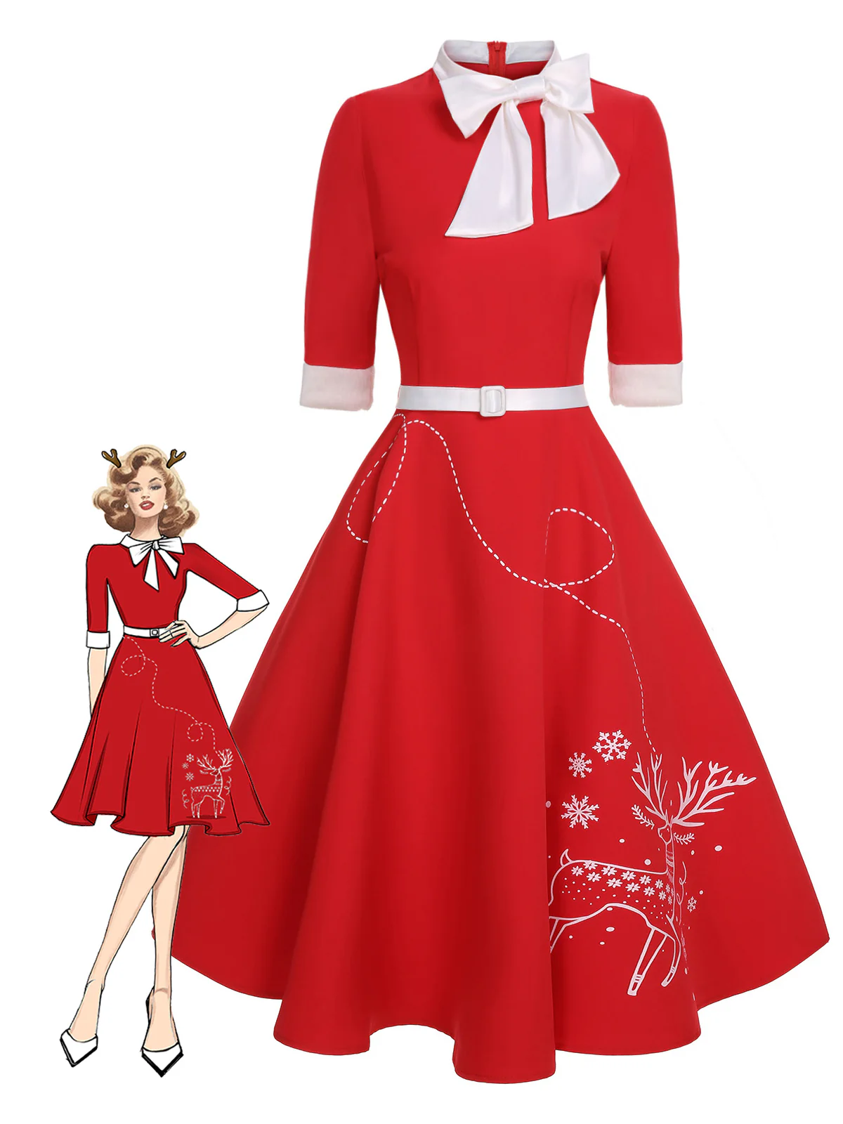 Rot 1950er Elch Bogen Patchwork Gürtel Kleid