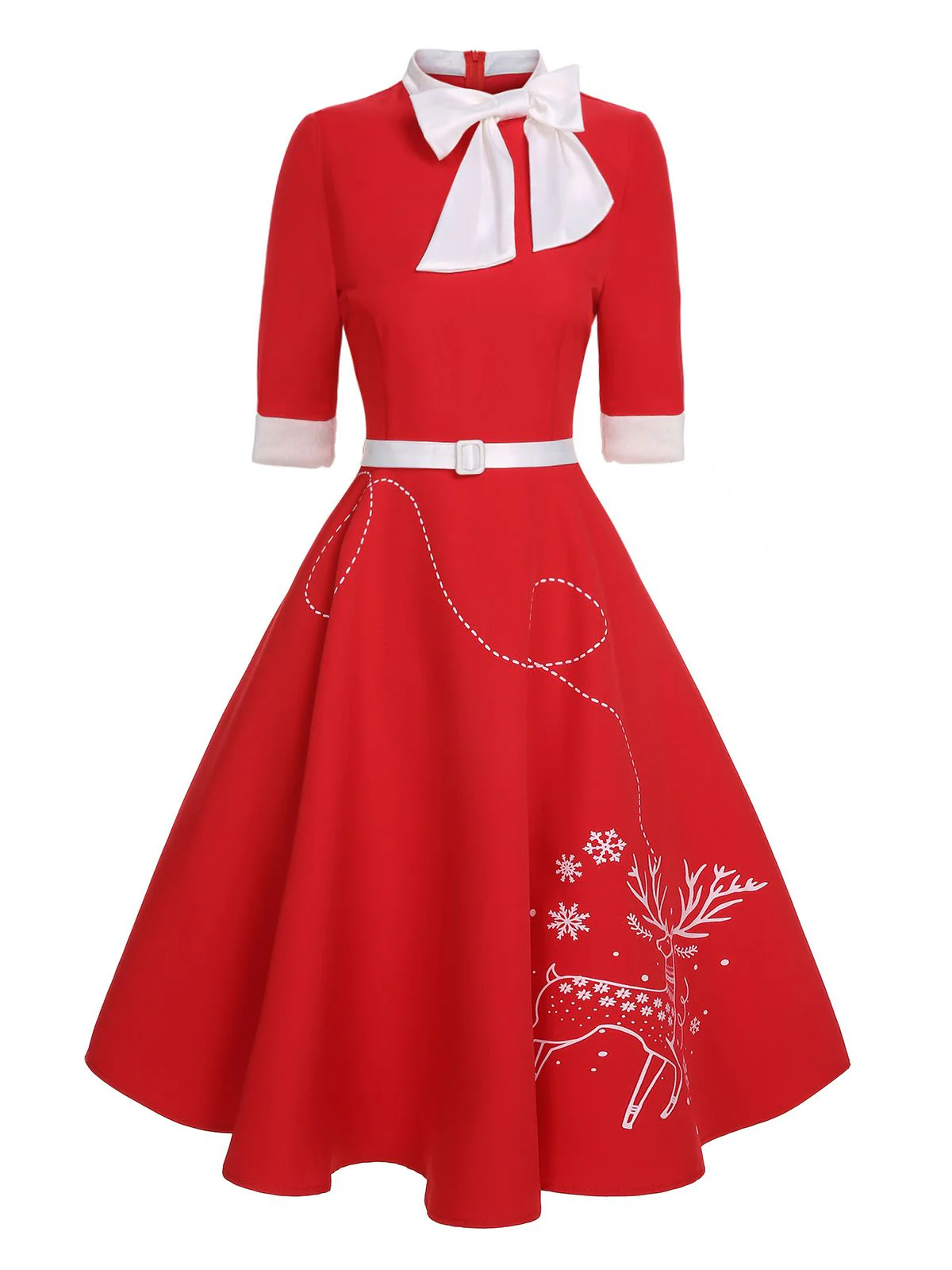 Rot 1950er Elch Bogen Patchwork Gürtel Kleid - Image 2