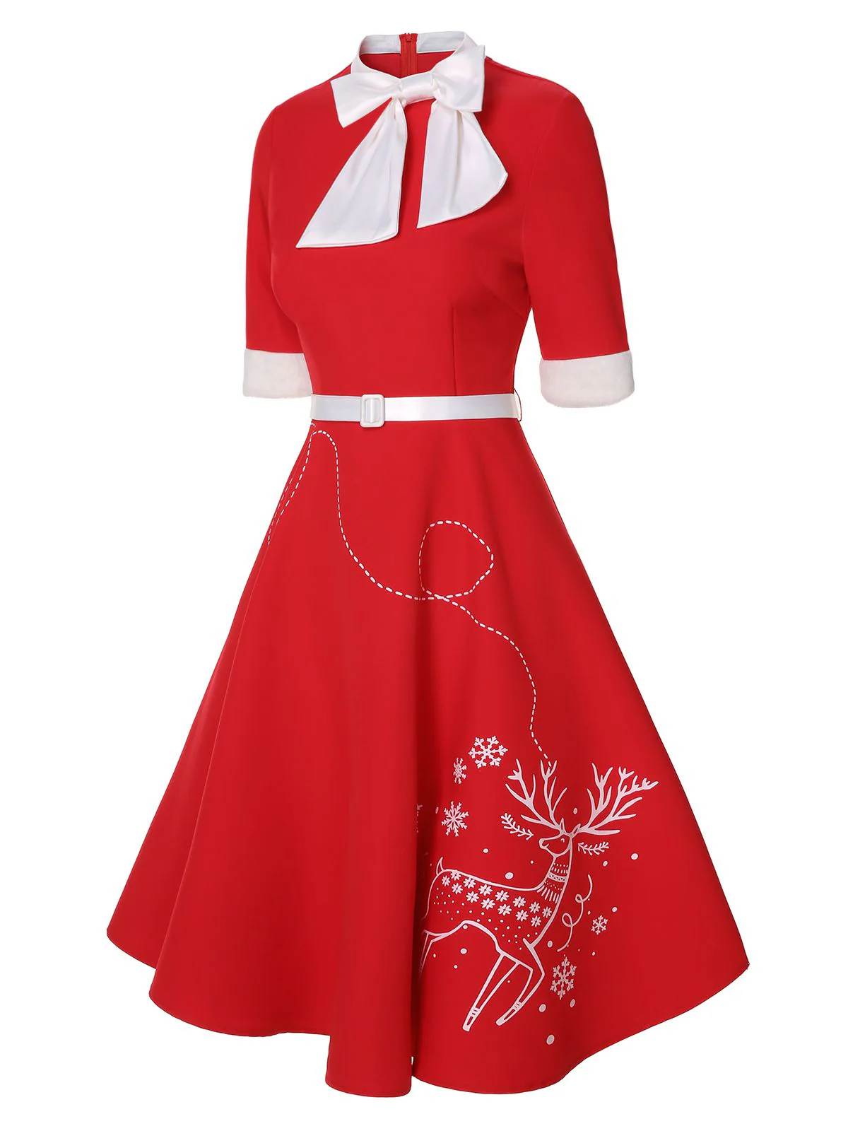 Rot 1950er Elch Bogen Patchwork Gürtel Kleid - Image 3