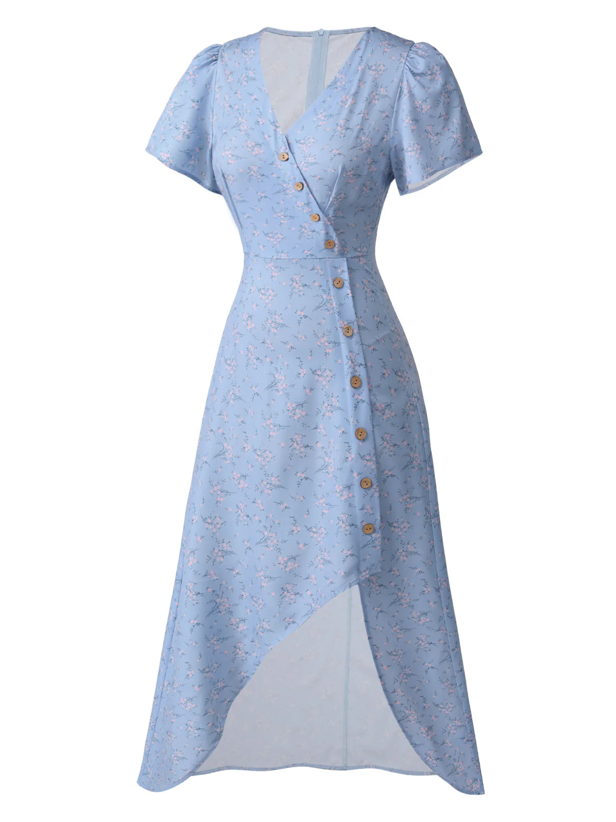 Rotes Geblümtes V-Ausschnitt-Knopfkleid 1930er - Image 7