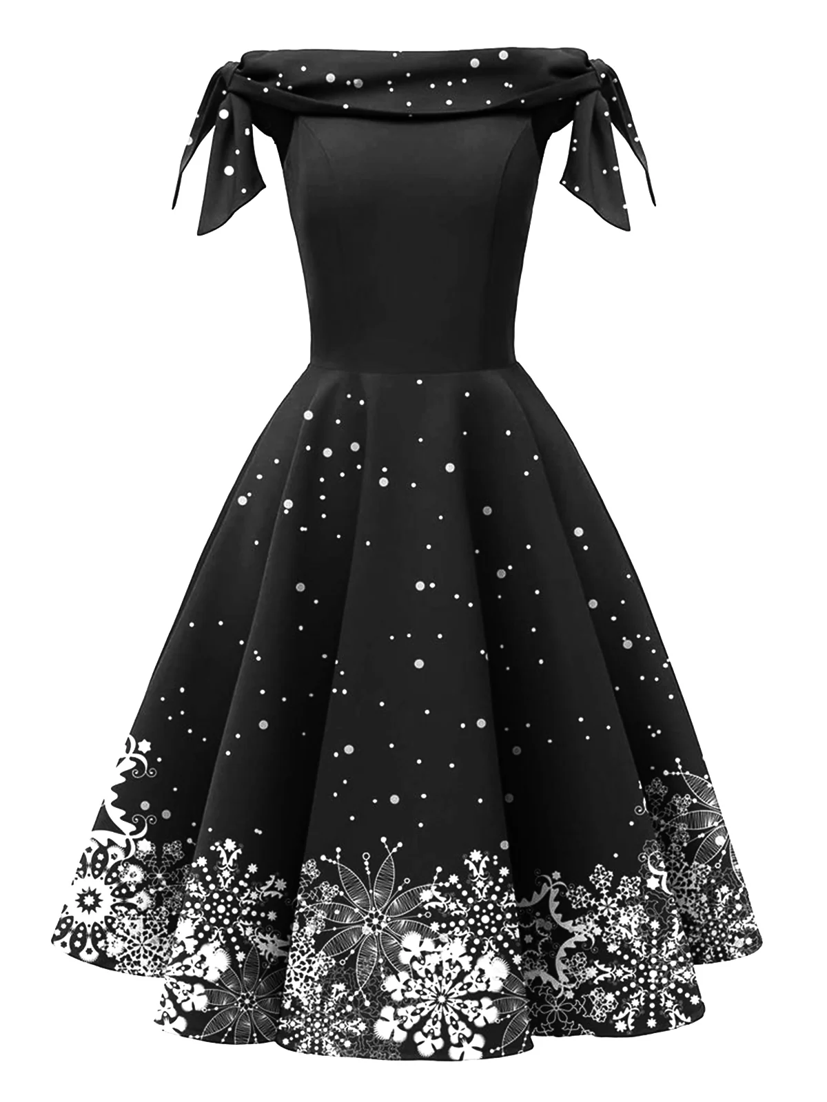 Rot 1950er Weihnachten Schulterfrei Schneeflocke Kleid - Image 11